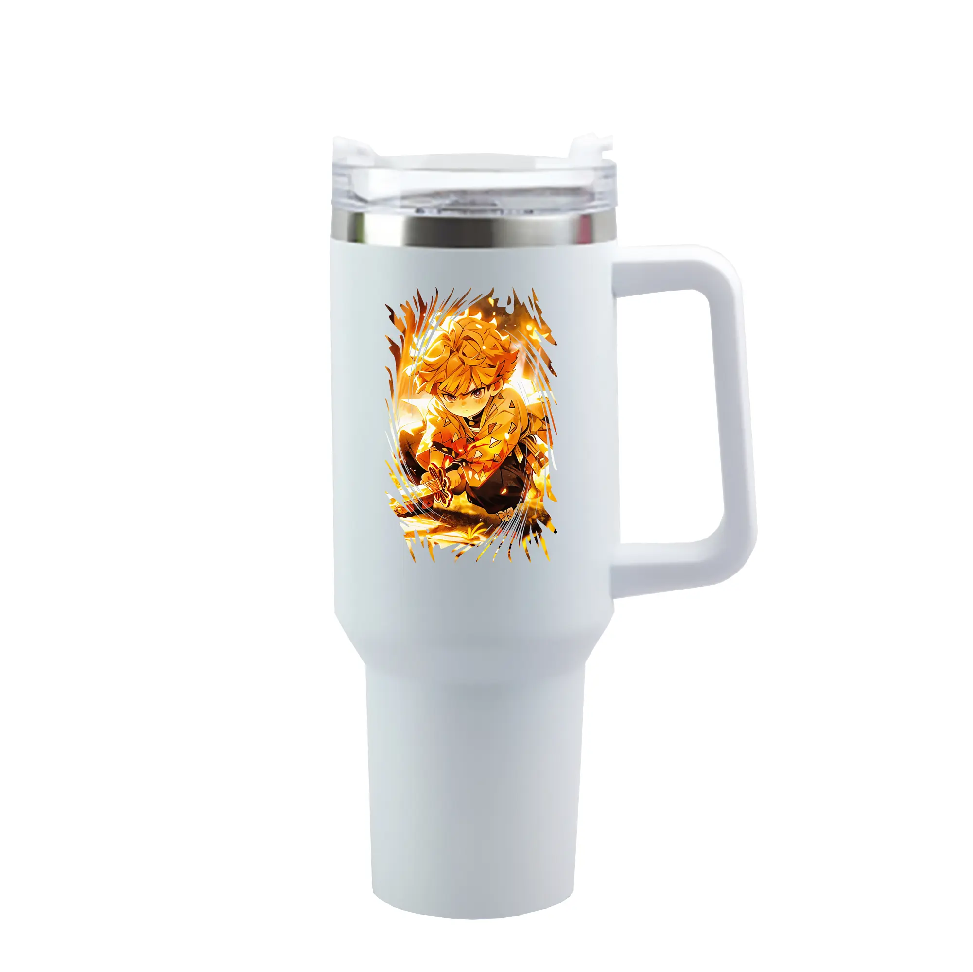 鬼滅の刃 グッズ,我妻 善逸 - 1200mL 車用タンブラー ・ クリスタルステッカー ・ 304ステンレス 内側 ・ 201ステンレス 外側 ・ 保温 保冷 ・ ハンドル＆ストロー付き ・ 通勤 ドライブ アウトドア用
