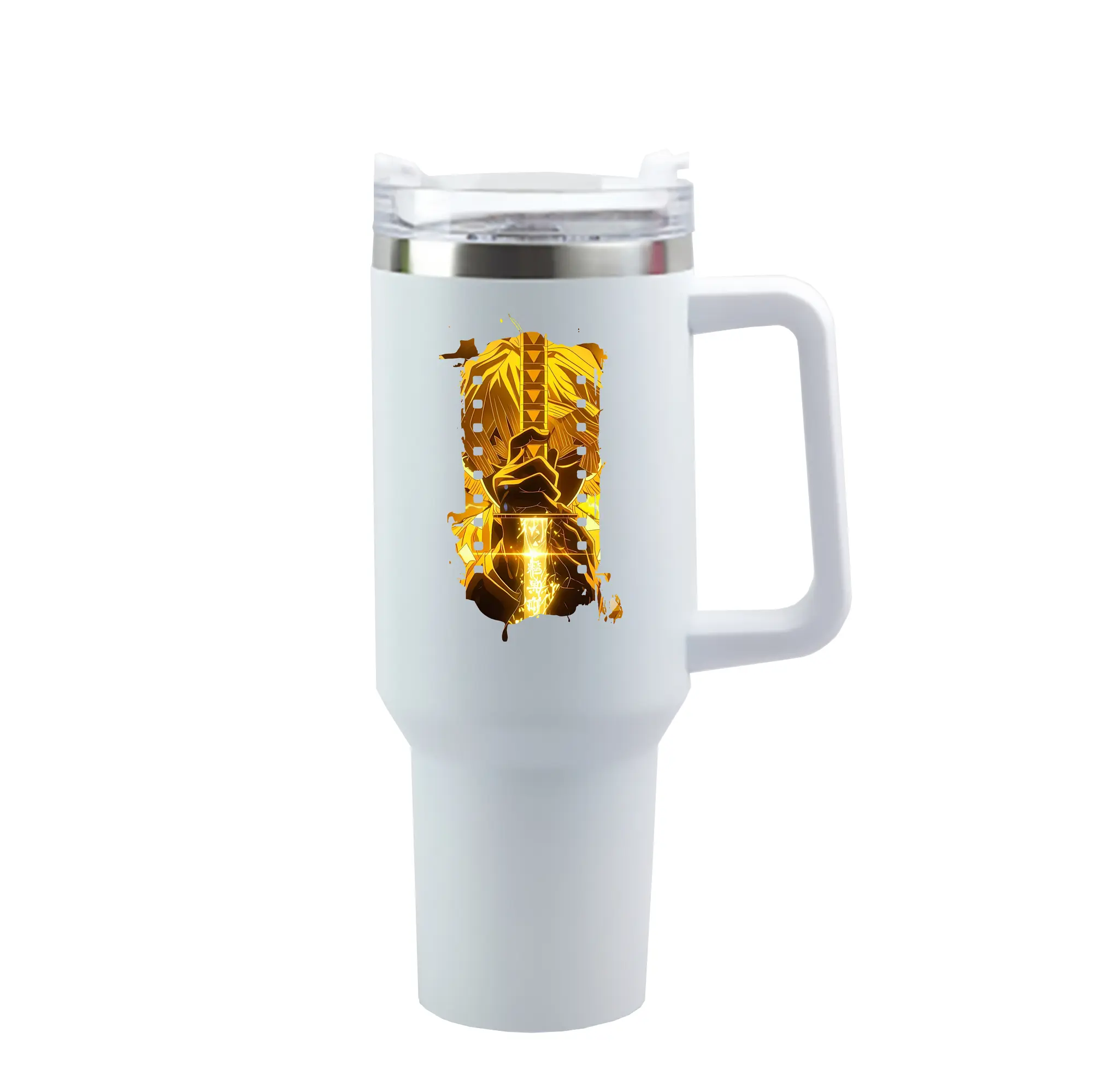 鬼滅の刃 グッズ,我妻 善逸 - 1200mL 車用タンブラー ・ クリスタルステッカー ・ 304ステンレス 内側 ・ 201ステンレス 外側 ・ 保温 保冷 ・ ハンドル＆ストロー付き ・ 通勤 ドライブ アウトドア用