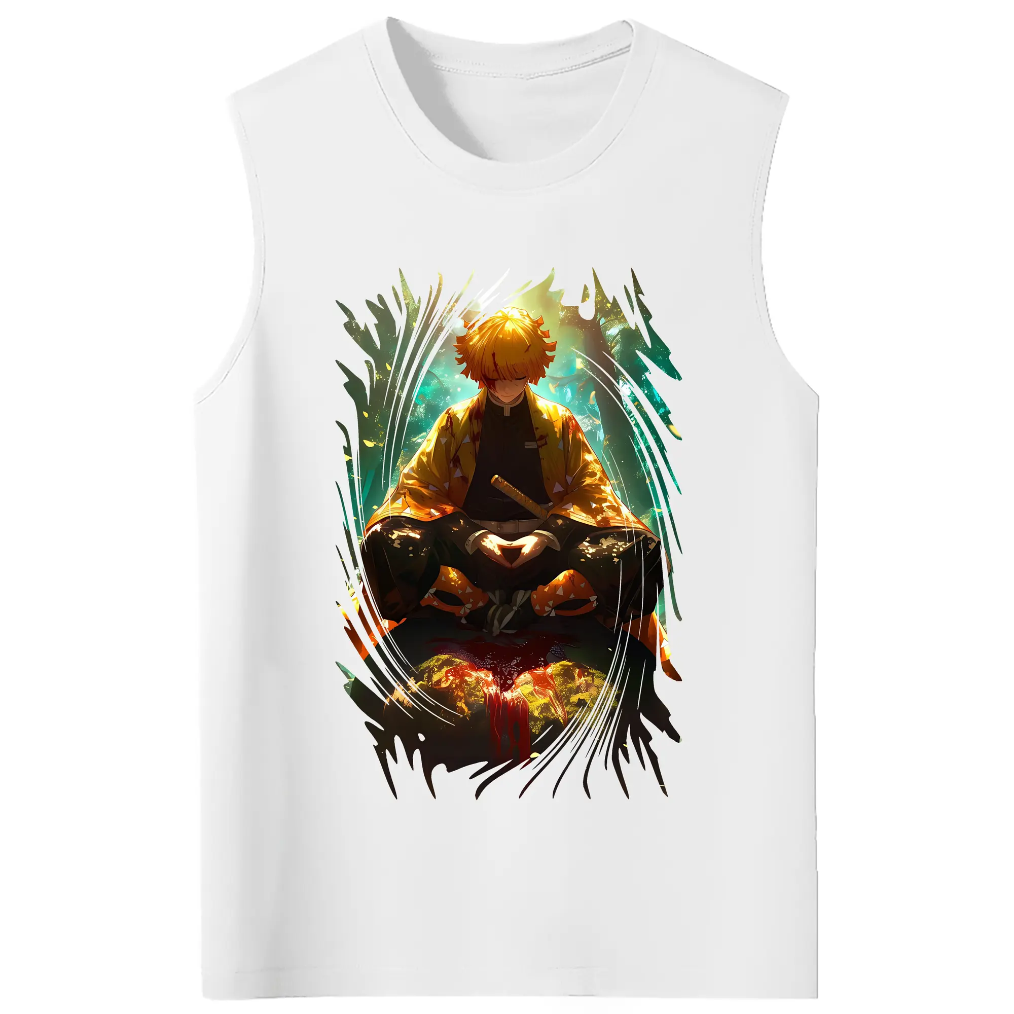 鬼滅の刃 グッズ,我妻 善逸 - コットン100％ タンクトップ ・ フロントプリント ・ タイトフィット ・ 快適 通気性 ・ スポーツ カジュアル 散歩用