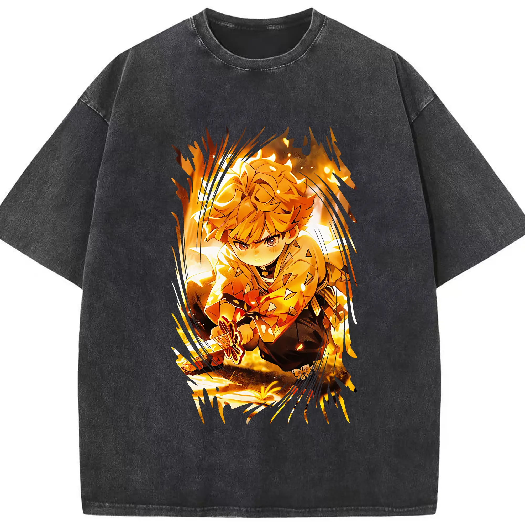 鬼滅の刃 グッズ,我妻 善逸 - 綿100％ ヴィンテージ風 半袖Tシャツ ・ フロントプリント ・ 柔らか肌触り ・ 通気性 快適 ・ スポーツ カジュアル 外出用