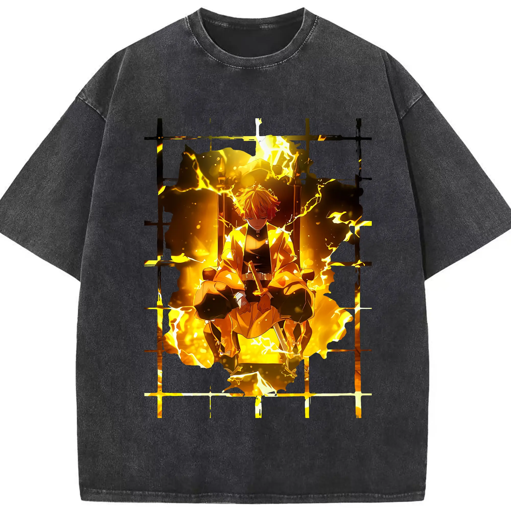 鬼滅の刃 グッズ,我妻 善逸 - 綿100％ ヴィンテージ風 半袖Tシャツ ・ フロントプリント ・ 柔らか肌触り ・ 通気性 快適 ・ スポーツ カジュアル 外出用