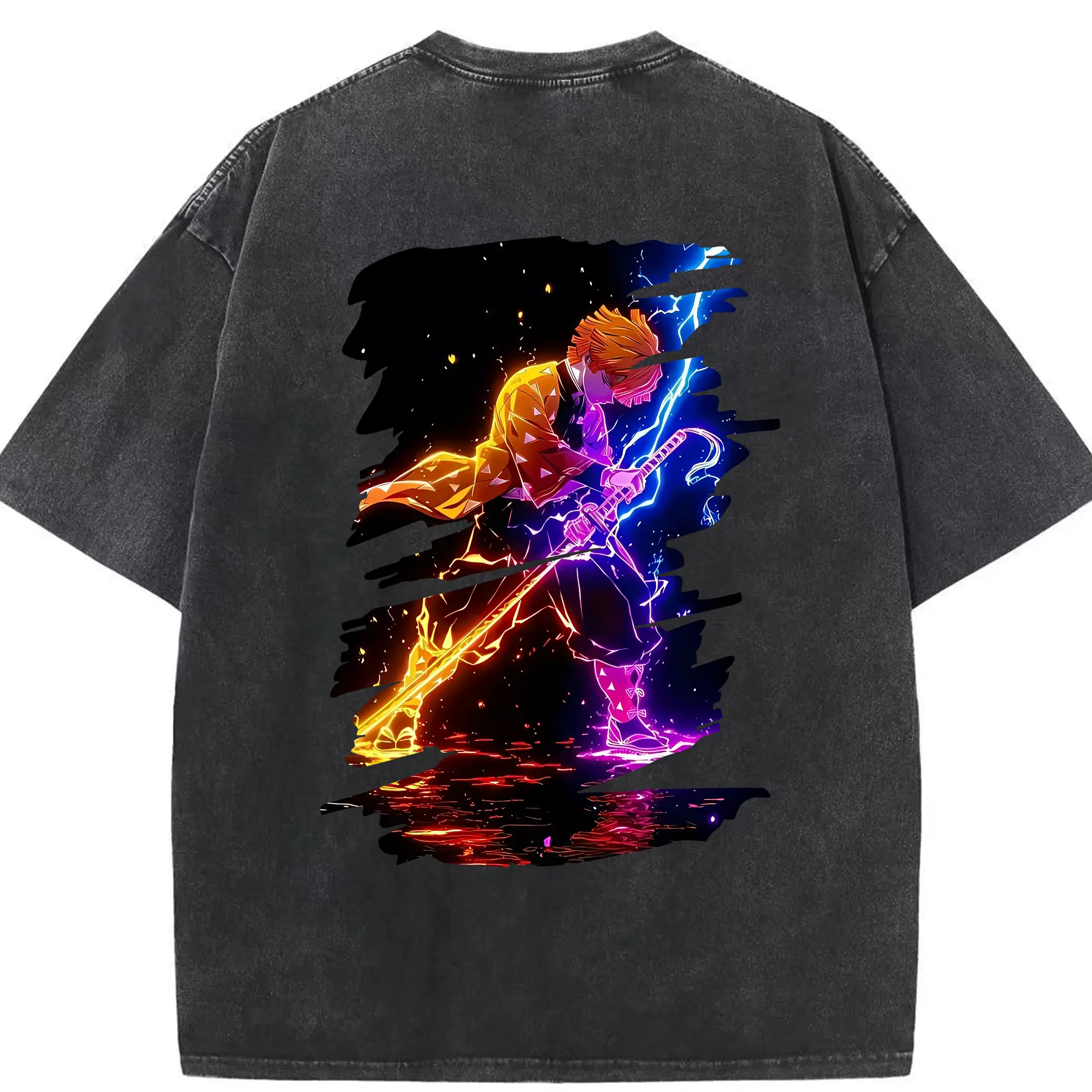 鬼滅の刃 グッズ,我妻 善逸 - 綿100％ ヴィンテージ風 半袖Tシャツ ・ 背面プリント ・ 柔らか肌触り ・ 通気性 快適 ・ スポーツ カジュアル 外出用