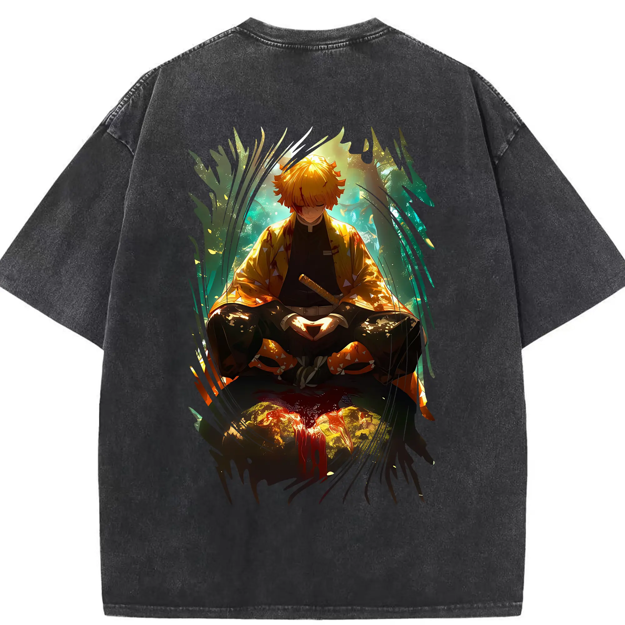 鬼滅の刃 グッズ,我妻 善逸 - 綿100％ ヴィンテージ風 半袖Tシャツ ・ 背面プリント ・ 柔らか肌触り ・ 通気性 快適 ・ スポーツ カジュアル 外出用