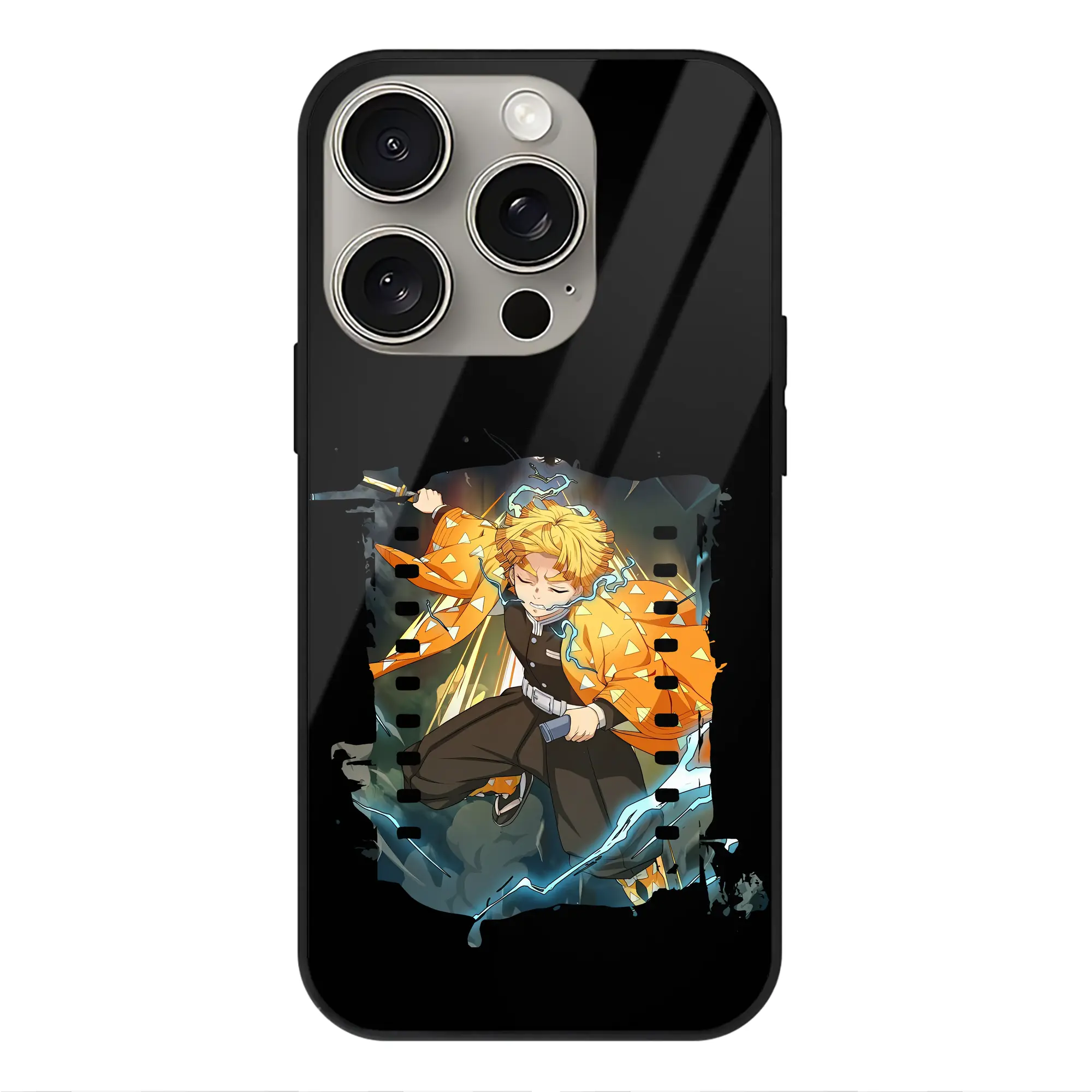 鬼滅の刃 グッズ,我妻 善逸 - IPhone15Pro対応 ・ スマホケース ・ 背面ガラス ・ TPU+強化ガラス ・ 耐衝撃 ・ 黄変防止 ・ ワイヤレス充電対応 ・ 3D立体ボタン