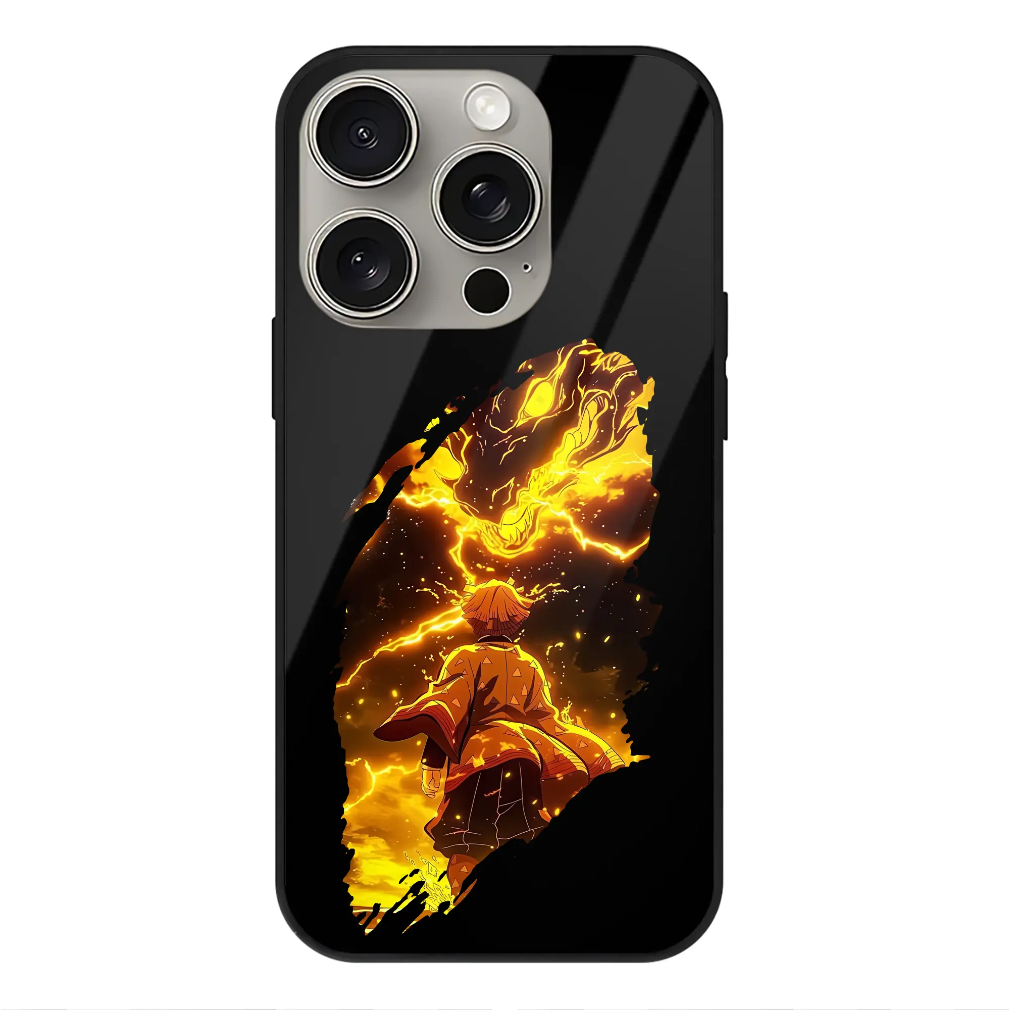 鬼滅の刃 グッズ,我妻 善逸 - IPhone15Pro対応 ・ スマホケース ・ 背面ガラス ・ TPU+強化ガラス ・ 耐衝撃 ・ 黄変防止 ・ ワイヤレス充電対応 ・ 3D立体ボタン