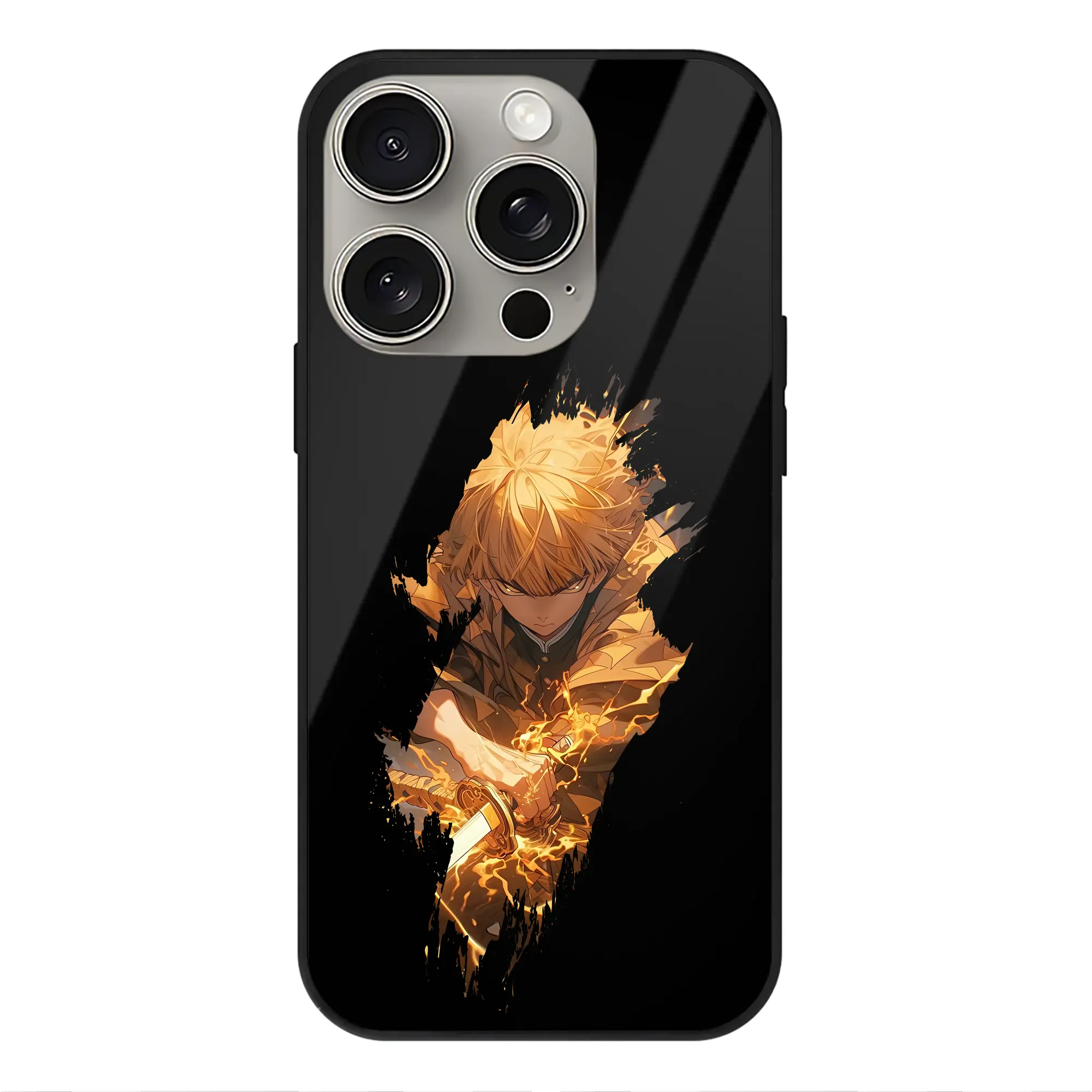 鬼滅の刃 グッズ,我妻 善逸 - IPhone15Pro対応 ・ スマホケース ・ 背面ガラス ・ TPU+強化ガラス ・ 耐衝撃 ・ 黄変防止 ・ ワイヤレス充電対応 ・ 3D立体ボタン