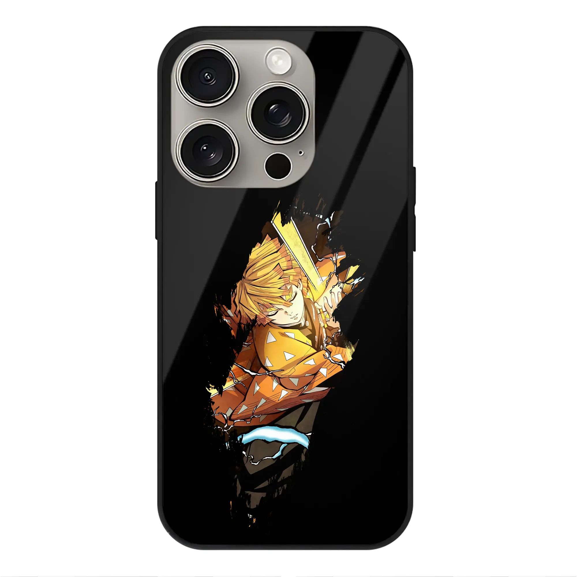 鬼滅の刃 グッズ,我妻 善逸 - IPhone15Pro対応 ・ スマホケース ・ 背面ガラス ・ TPU+強化ガラス ・ 耐衝撃 ・ 黄変防止 ・ ワイヤレス充電対応 ・ 3D立体ボタン