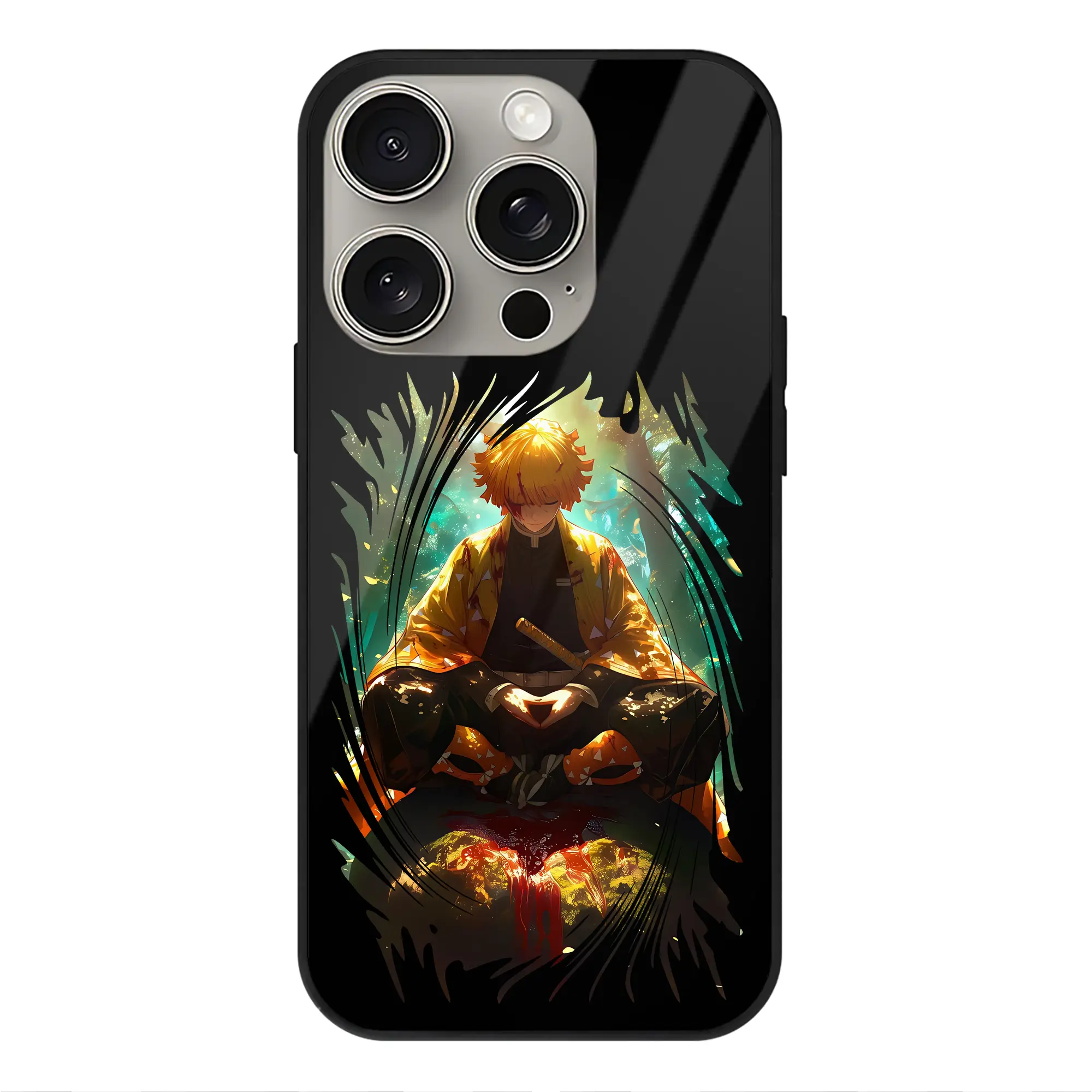 鬼滅の刃 グッズ,我妻 善逸 - IPhone15Pro対応 ・ スマホケース ・ 背面ガラス ・ TPU+強化ガラス ・ 耐衝撃 ・ 黄変防止 ・ ワイヤレス充電対応 ・ 3D立体ボタン