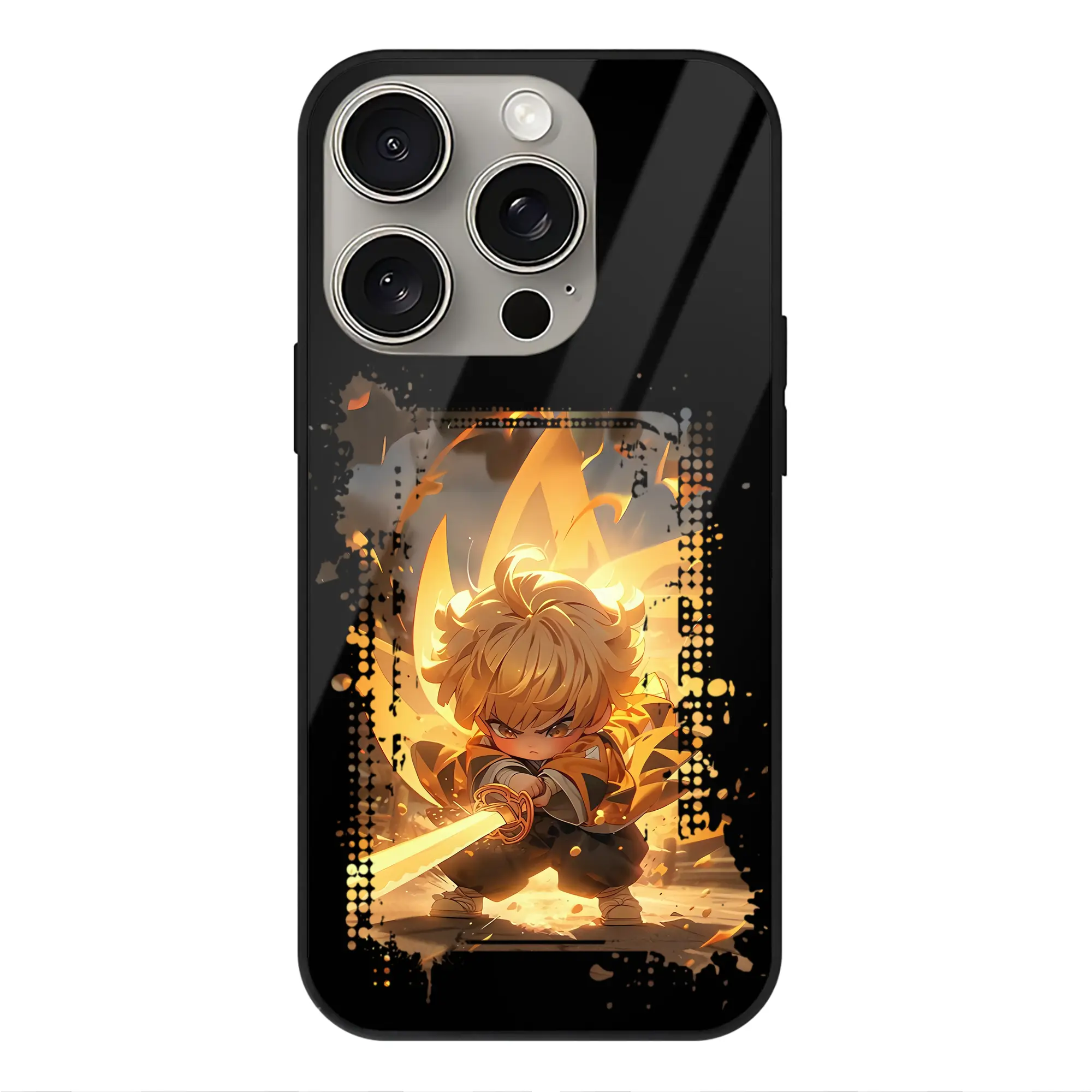 鬼滅の刃 グッズ,我妻 善逸 - IPhone15Pro対応 ・ スマホケース ・ 背面ガラス ・ TPU+強化ガラス ・ 耐衝撃 ・ 黄変防止 ・ ワイヤレス充電対応 ・ 3D立体ボタン