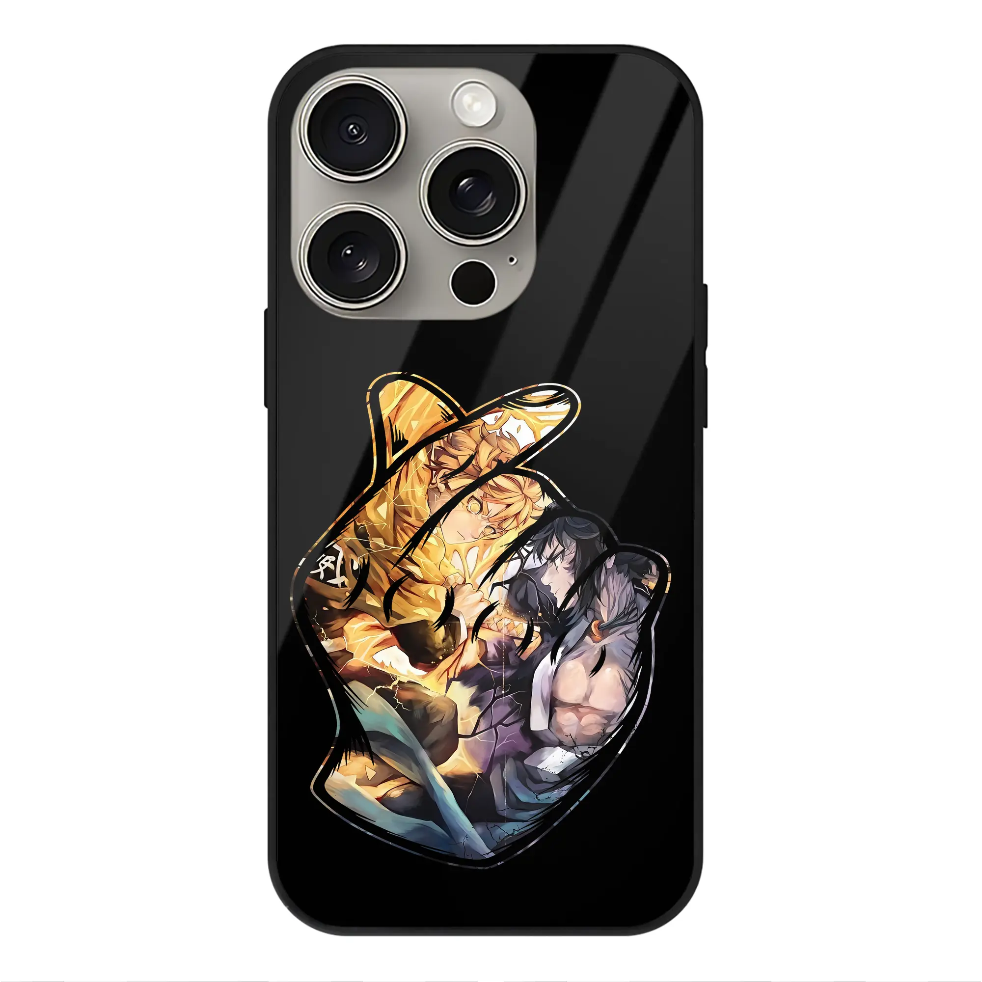 鬼滅の刃 グッズ,我妻 善逸 - IPhone15Pro対応 ・ スマホケース ・ 背面ガラス ・ TPU+強化ガラス ・ 耐衝撃 ・ 黄変防止 ・ ワイヤレス充電対応 ・ 3D立体ボタン