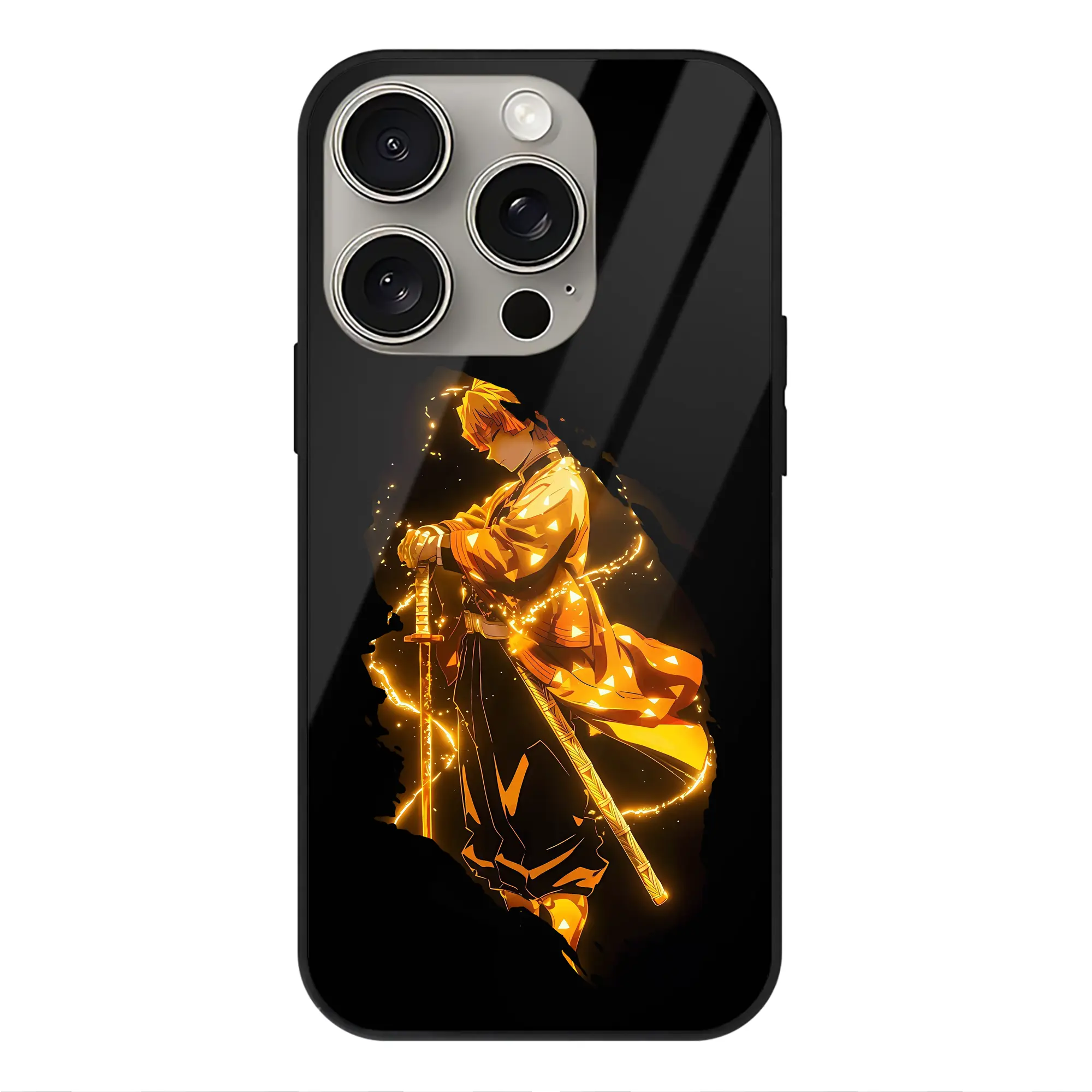 鬼滅の刃 グッズ,我妻 善逸 - IPhone15Pro対応 ・ スマホケース ・ 背面ガラス ・ TPU+強化ガラス ・ 耐衝撃 ・ 黄変防止 ・ ワイヤレス充電対応 ・ 3D立体ボタン