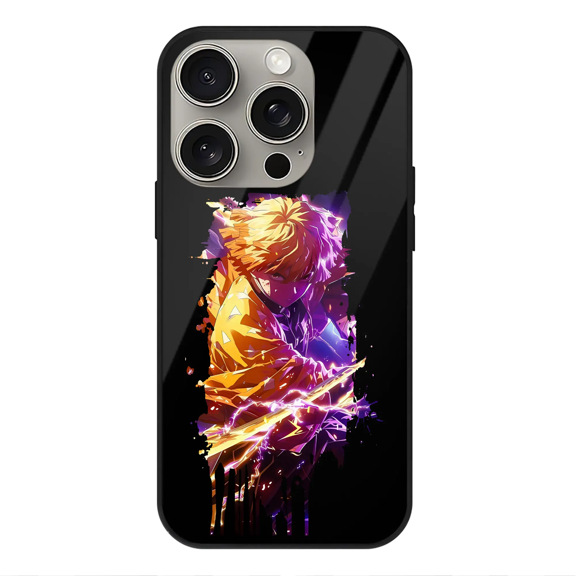 鬼滅の刃 グッズ,我妻 善逸 - IPhone15Pro対応 ・ スマホケース ・ 背面ガラス ・ TPU+強化ガラス ・ 耐衝撃 ・ 黄変防止 ・ ワイヤレス充電対応 ・ 3D立体ボタン