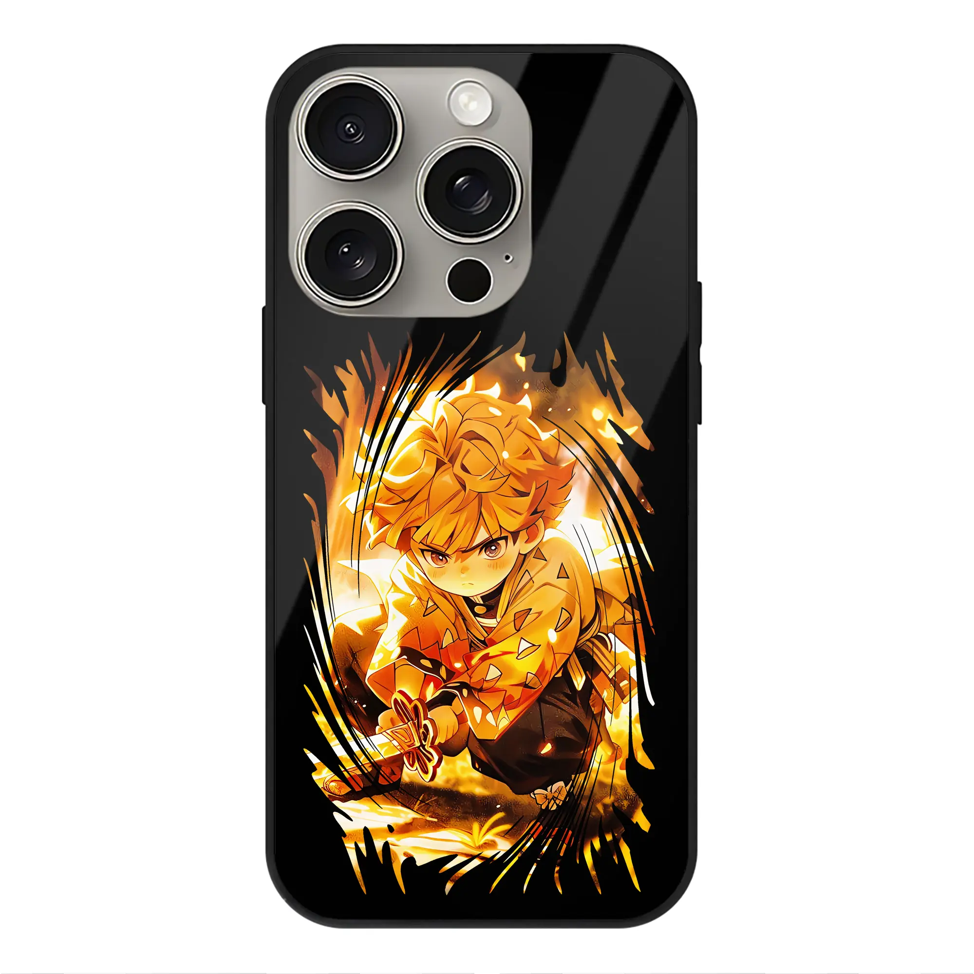 鬼滅の刃 グッズ,我妻 善逸 - IPhone15Pro対応 ・ スマホケース ・ 背面ガラス ・ TPU+強化ガラス ・ 耐衝撃 ・ 黄変防止 ・ ワイヤレス充電対応 ・ 3D立体ボタン