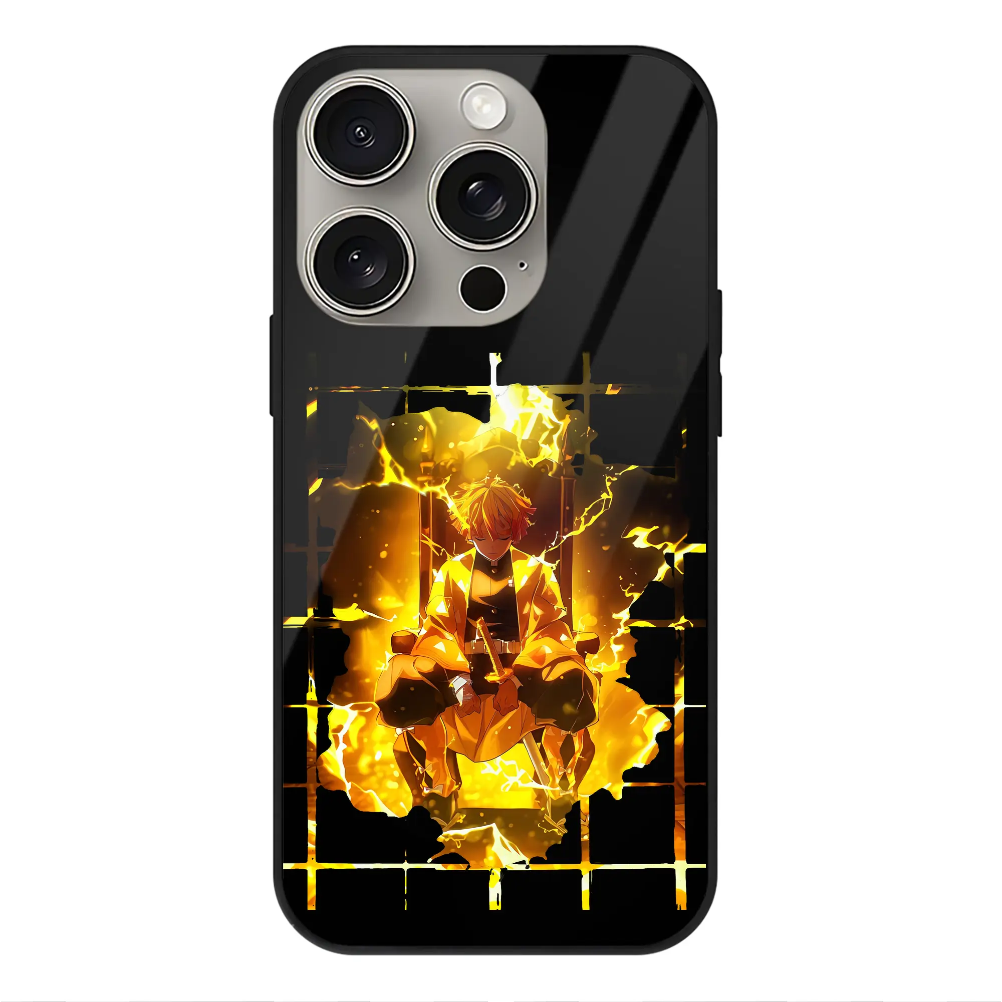 鬼滅の刃 グッズ,我妻 善逸 - IPhone15Pro対応 ・ スマホケース ・ 背面ガラス ・ TPU+強化ガラス ・ 耐衝撃 ・ 黄変防止 ・ ワイヤレス充電対応 ・ 3D立体ボタン