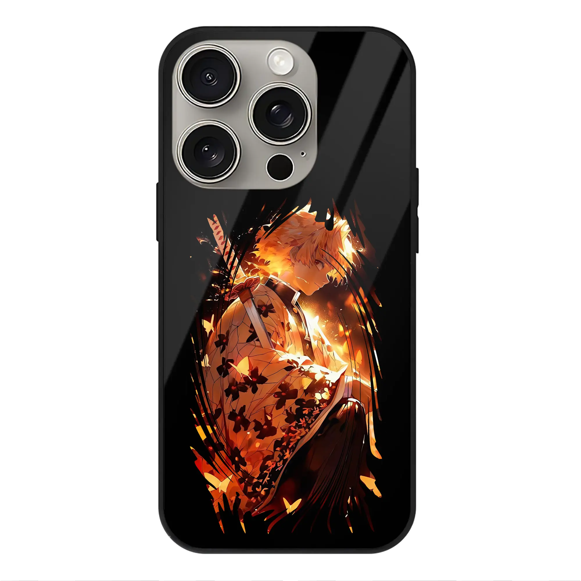 鬼滅の刃 グッズ,我妻 善逸 - IPhone15Pro対応 ・ スマホケース ・ 背面ガラス ・ TPU+強化ガラス ・ 耐衝撃 ・ 黄変防止 ・ ワイヤレス充電対応 ・ 3D立体ボタン