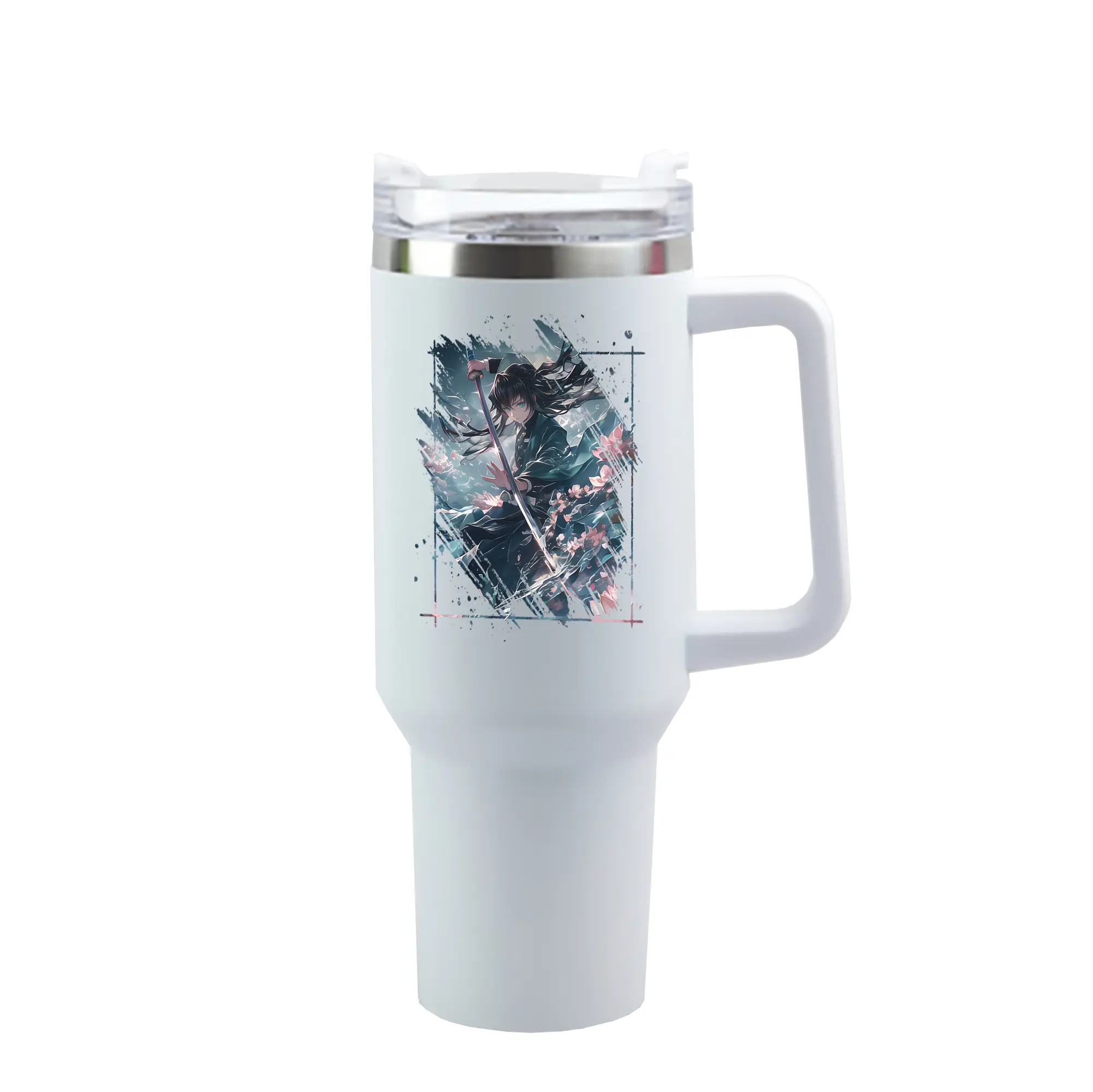 鬼滅の刃 グッズ,時透 無一郎 - 1200mL 車用タンブラー ・ クリスタルステッカー ・ 304ステンレス 内側 ・ 201ステンレス 外側 ・ 保温 保冷 ・ ハンドル＆ストロー付き ・ 通勤 ドライブ アウトドア用