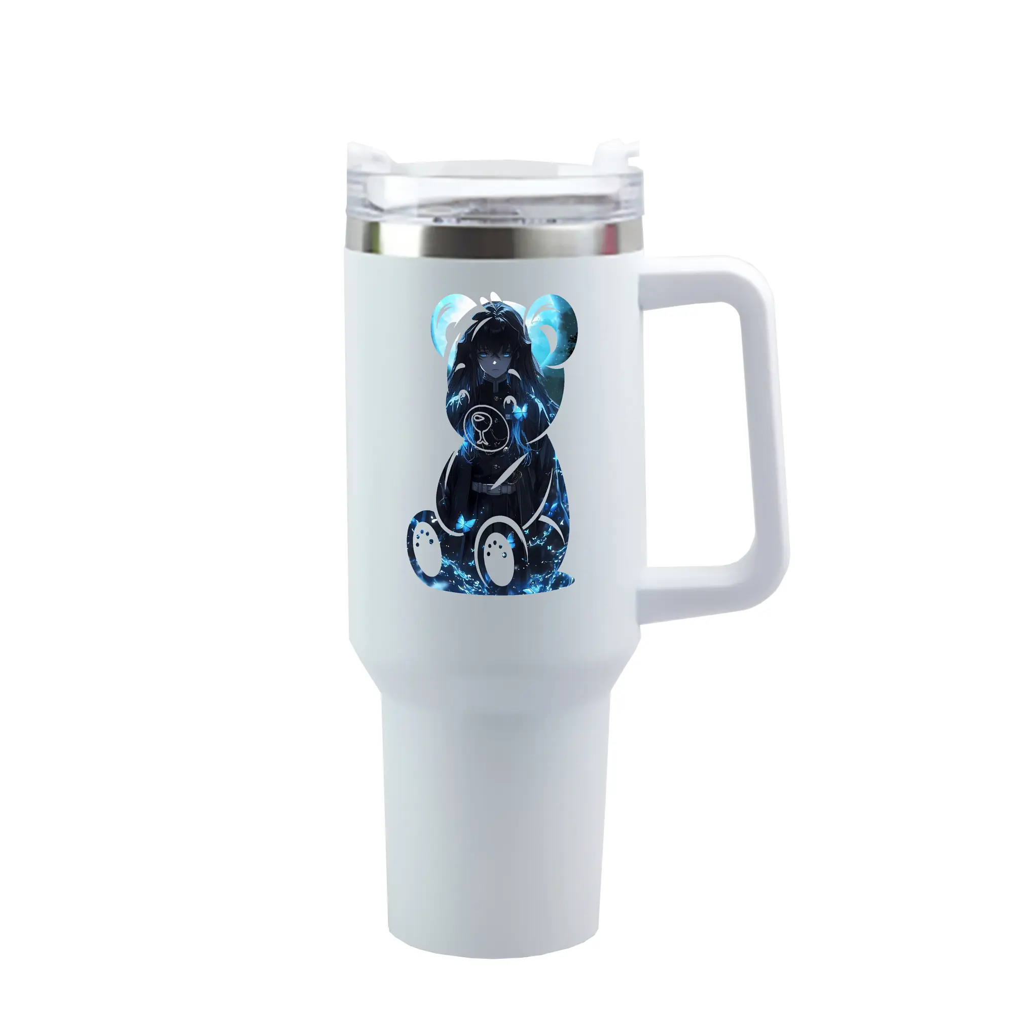鬼滅の刃 グッズ,時透 無一郎 - 1200mL 車用タンブラー ・ クリスタルステッカー ・ 304ステンレス 内側 ・ 201ステンレス 外側 ・ 保温 保冷 ・ ハンドル＆ストロー付き ・ 通勤 ドライブ アウトドア用