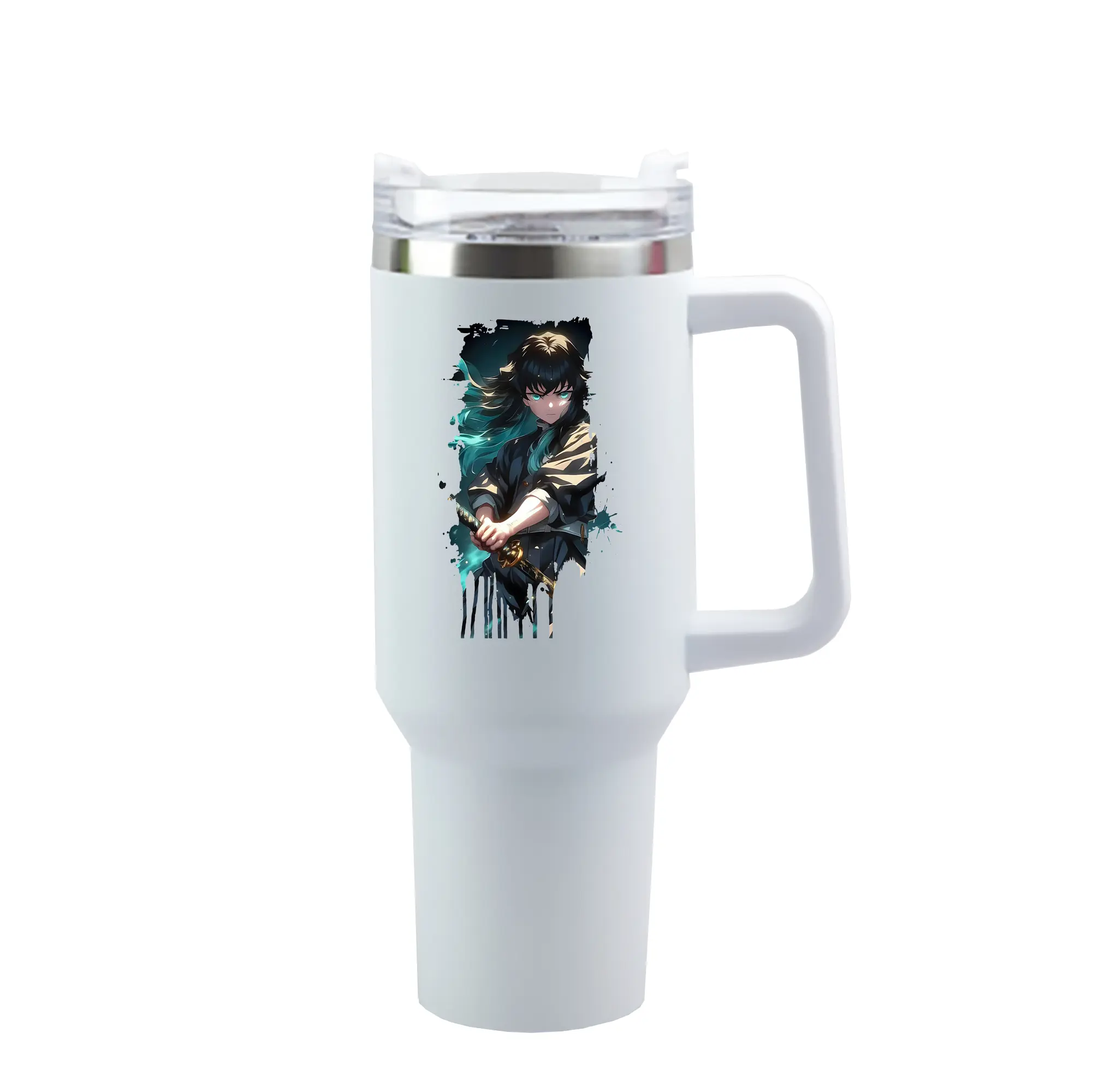 鬼滅の刃 グッズ,時透 無一郎 - 1200mL 車用タンブラー ・ クリスタルステッカー ・ 304ステンレス 内側 ・ 201ステンレス 外側 ・ 保温 保冷 ・ ハンドル＆ストロー付き ・ 通勤 ドライブ アウトドア用