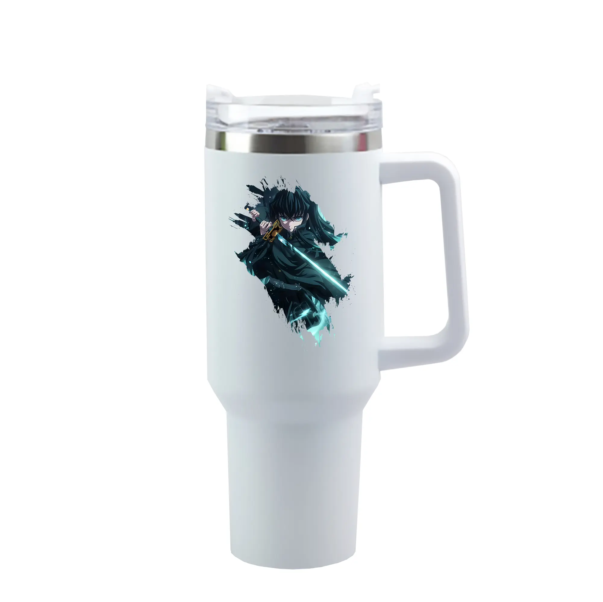 鬼滅の刃 グッズ,時透 無一郎 - 1200mL 車用タンブラー ・ クリスタルステッカー ・ 304ステンレス 内側 ・ 201ステンレス 外側 ・ 保温 保冷 ・ ハンドル＆ストロー付き ・ 通勤 ドライブ アウトドア用