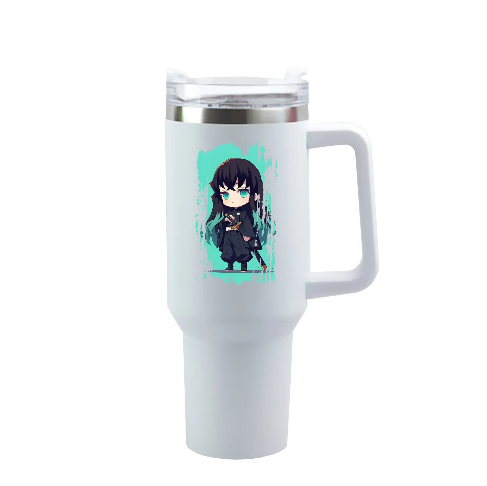 鬼滅の刃 グッズ,時透 無一郎 - 1200mL 車用タンブラー ・ クリスタルステッカー ・ 304ステンレス 内側 ・ 201ステンレス 外側 ・ 保温 保冷 ・ ハンドル＆ストロー付き ・ 通勤 ドライブ アウトドア用
