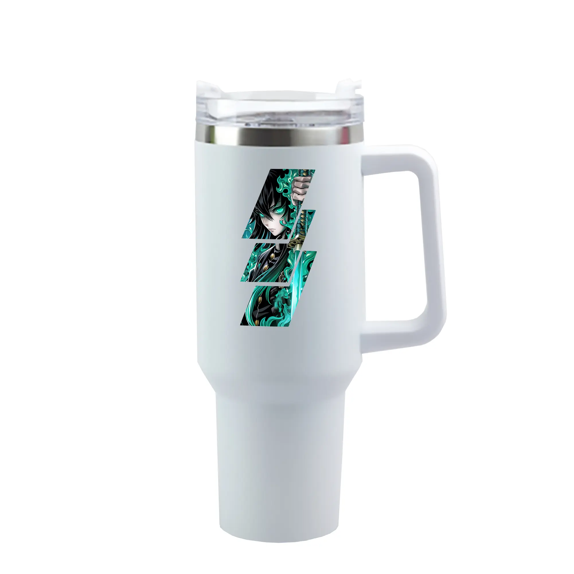 鬼滅の刃 グッズ,時透 無一郎 - 1200mL 車用タンブラー ・ クリスタルステッカー ・ 304ステンレス 内側 ・ 201ステンレス 外側 ・ 保温 保冷 ・ ハンドル＆ストロー付き ・ 通勤 ドライブ アウトドア用