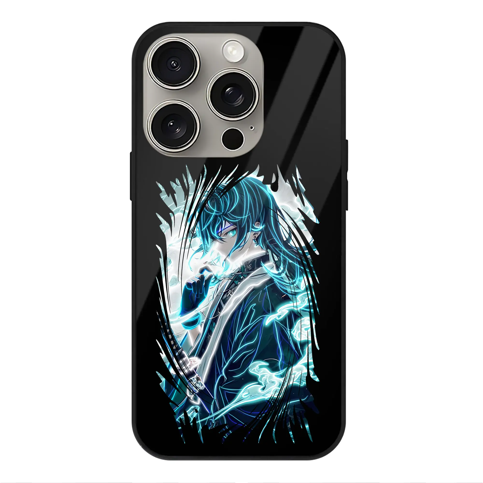 鬼滅の刃 グッズ,時透 無一郎 - IPhone15Pro対応 ・ スマホケース ・ 背面ガラス ・ TPU+強化ガラス ・ 耐衝撃 ・ 黄変防止 ・ ワイヤレス充電対応 ・ 3D立体ボタン