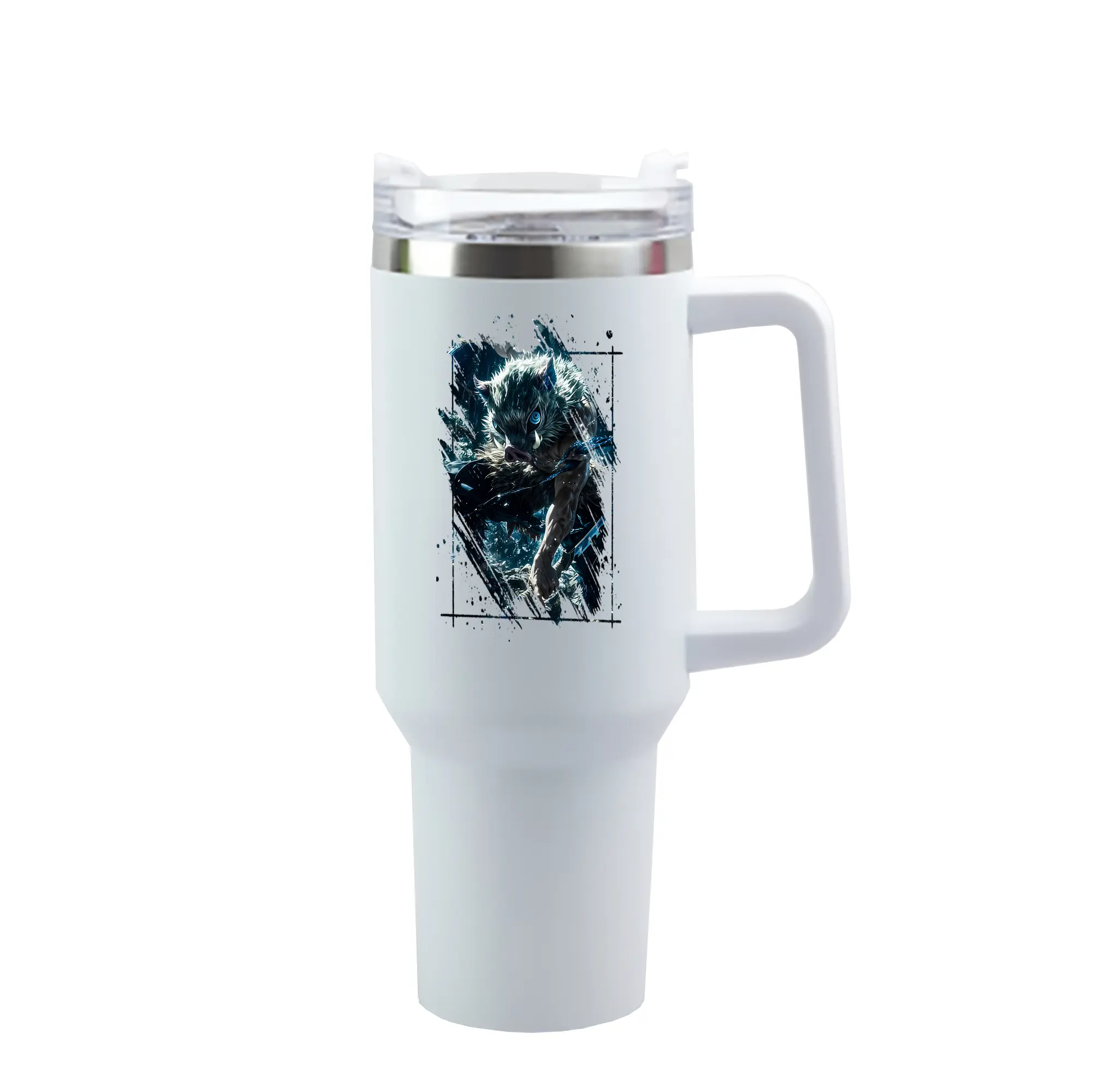 鬼滅の刃 グッズ,嘴平 伊之助 - 1200mL 車用タンブラー ・ クリスタルステッカー ・ 304ステンレス 内側 ・ 201ステンレス 外側 ・ 保温 保冷 ・ ハンドル＆ストロー付き ・ 通勤 ドライブ アウトドア用