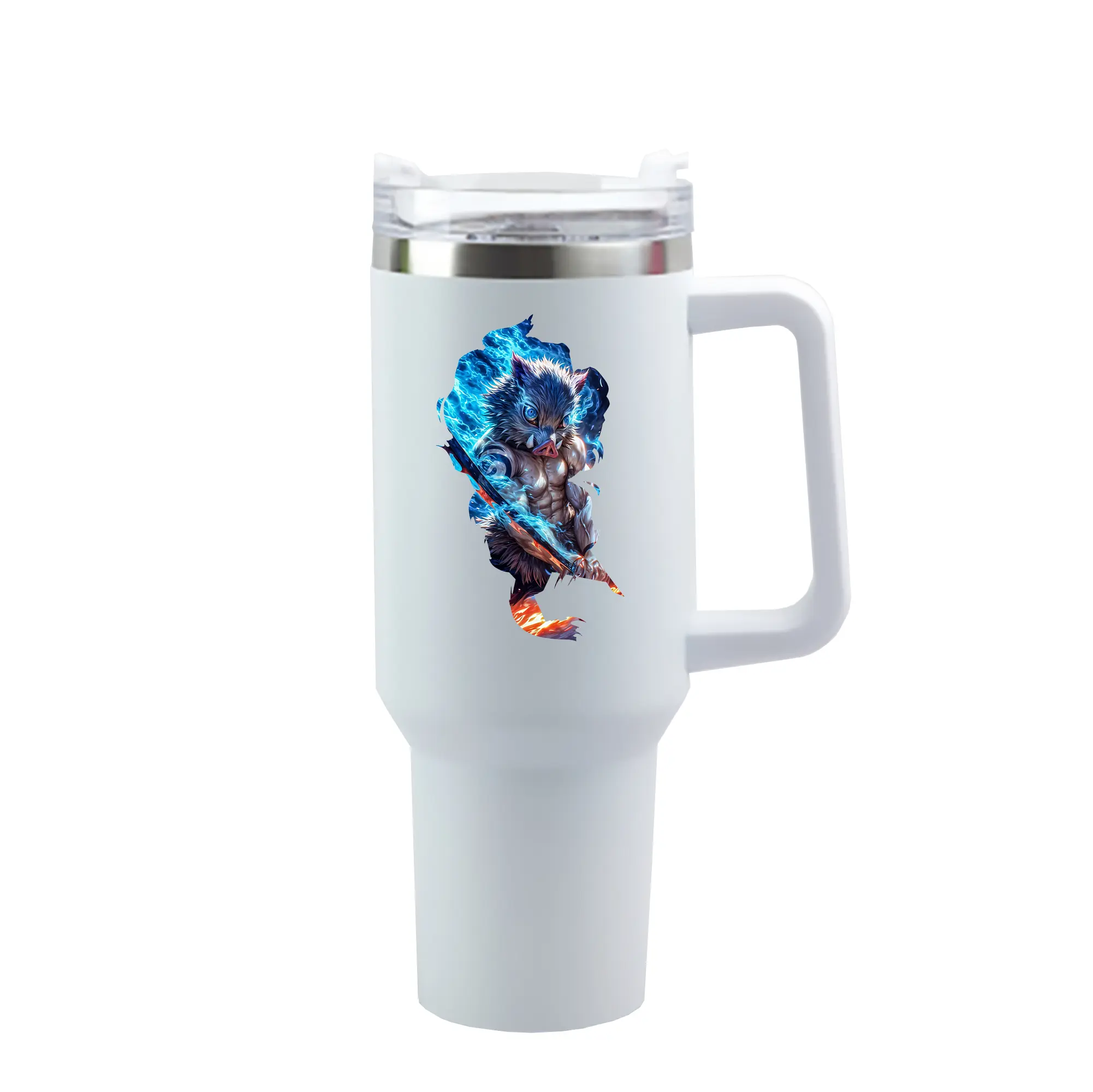 鬼滅の刃 グッズ,嘴平 伊之助 - 1200mL 車用タンブラー ・ クリスタルステッカー ・ 304ステンレス 内側 ・ 201ステンレス 外側 ・ 保温 保冷 ・ ハンドル＆ストロー付き ・ 通勤 ドライブ アウトドア用