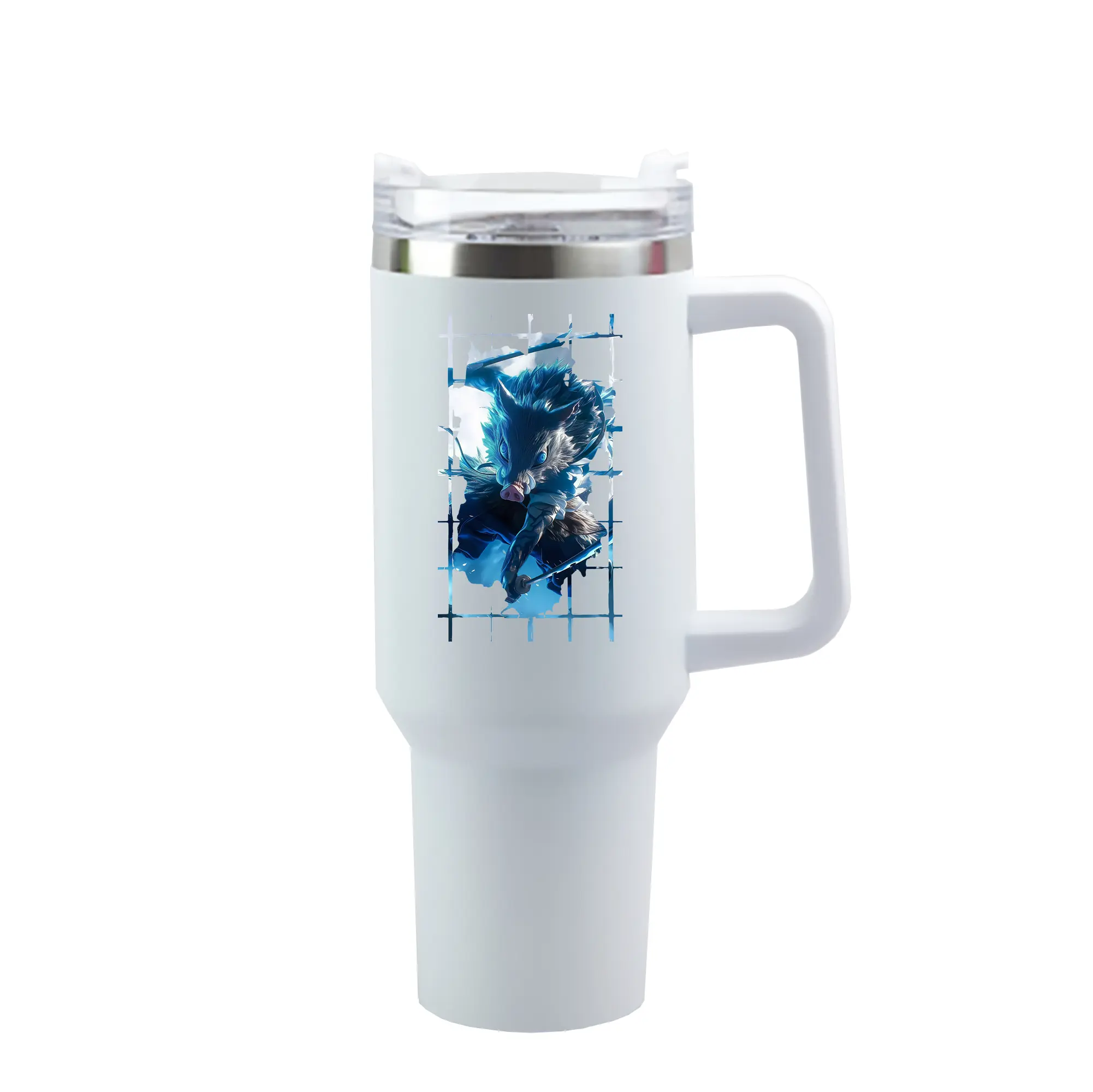 鬼滅の刃 グッズ,嘴平 伊之助 - 1200mL 車用タンブラー ・ クリスタルステッカー ・ 304ステンレス 内側 ・ 201ステンレス 外側 ・ 保温 保冷 ・ ハンドル＆ストロー付き ・ 通勤 ドライブ アウトドア用