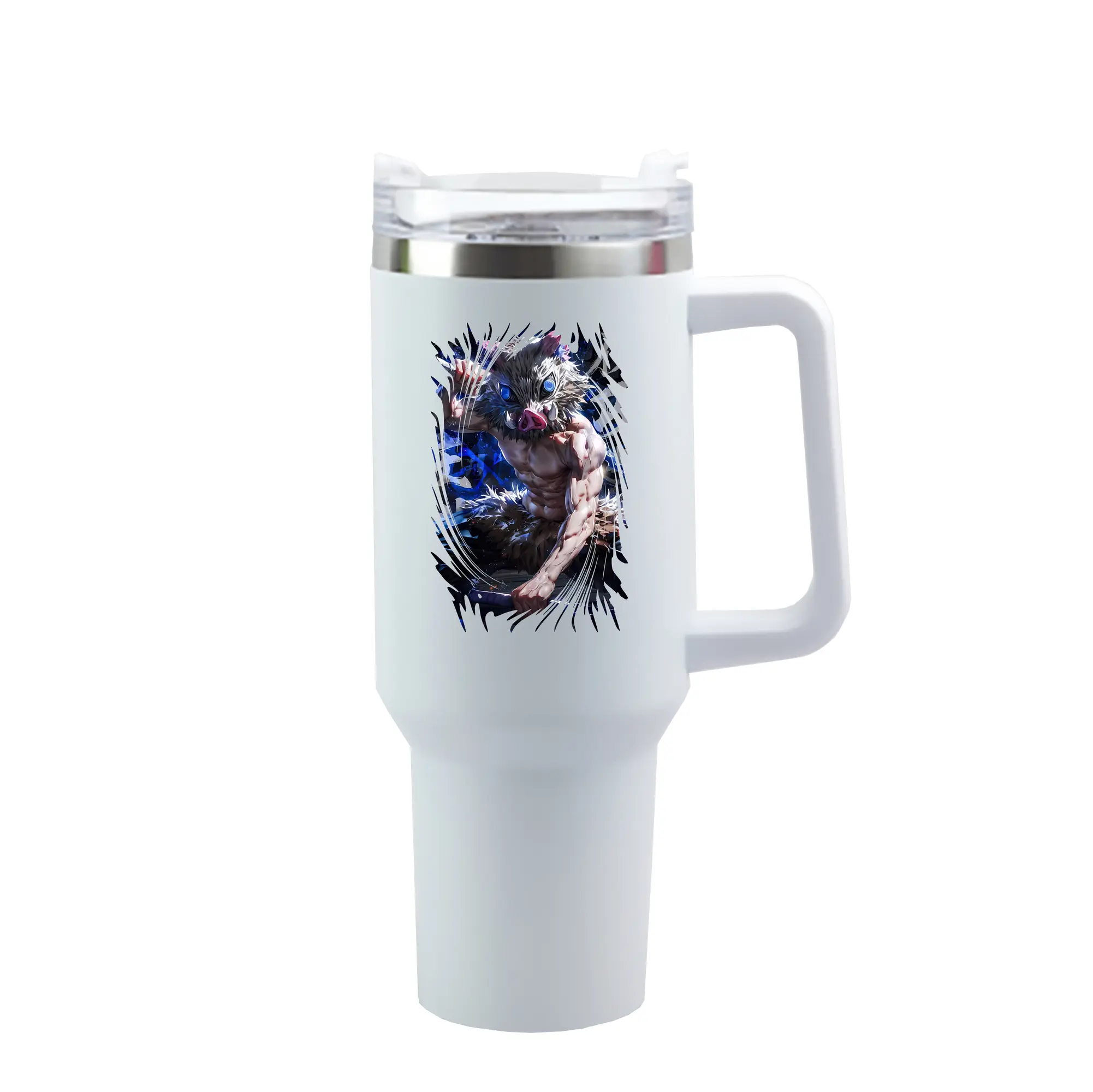 鬼滅の刃 グッズ,嘴平 伊之助 - 1200mL 車用タンブラー ・ クリスタルステッカー ・ 304ステンレス 内側 ・ 201ステンレス 外側 ・ 保温 保冷 ・ ハンドル＆ストロー付き ・ 通勤 ドライブ アウトドア用