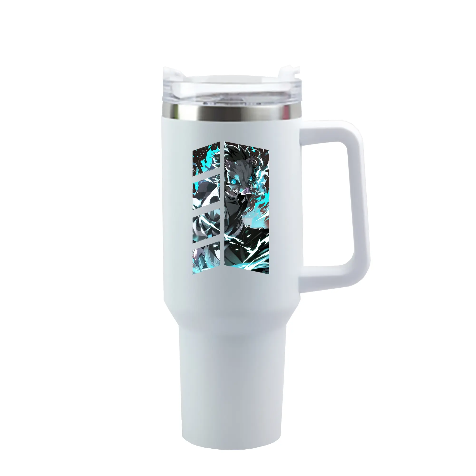 鬼滅の刃 グッズ,嘴平 伊之助 - 1200mL 車用タンブラー ・ クリスタルステッカー ・ 304ステンレス 内側 ・ 201ステンレス 外側 ・ 保温 保冷 ・ ハンドル＆ストロー付き ・ 通勤 ドライブ アウトドア用