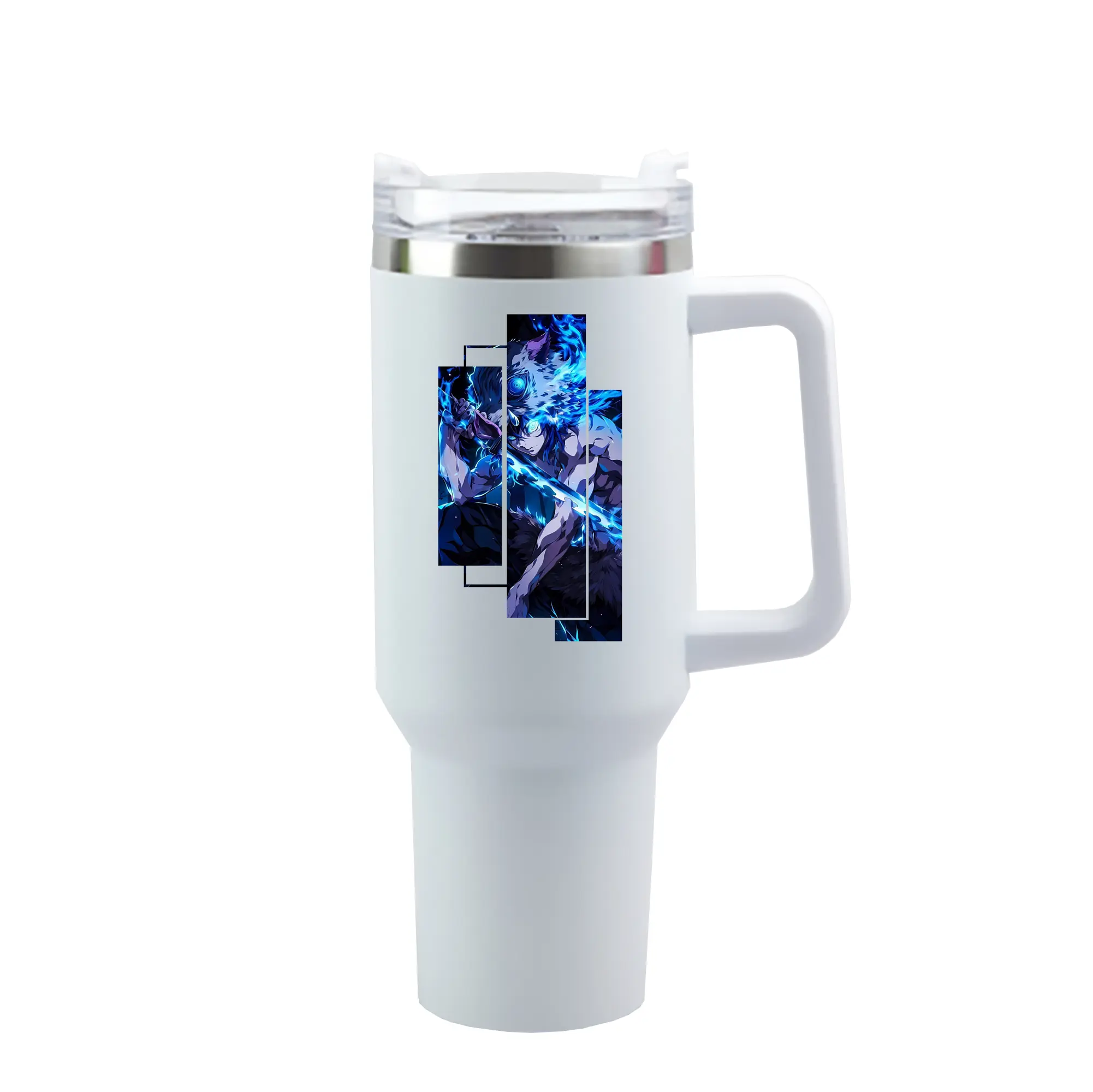 鬼滅の刃 グッズ,嘴平 伊之助 - 1200mL 車用タンブラー ・ クリスタルステッカー ・ 304ステンレス 内側 ・ 201ステンレス 外側 ・ 保温 保冷 ・ ハンドル＆ストロー付き ・ 通勤 ドライブ アウトドア用
