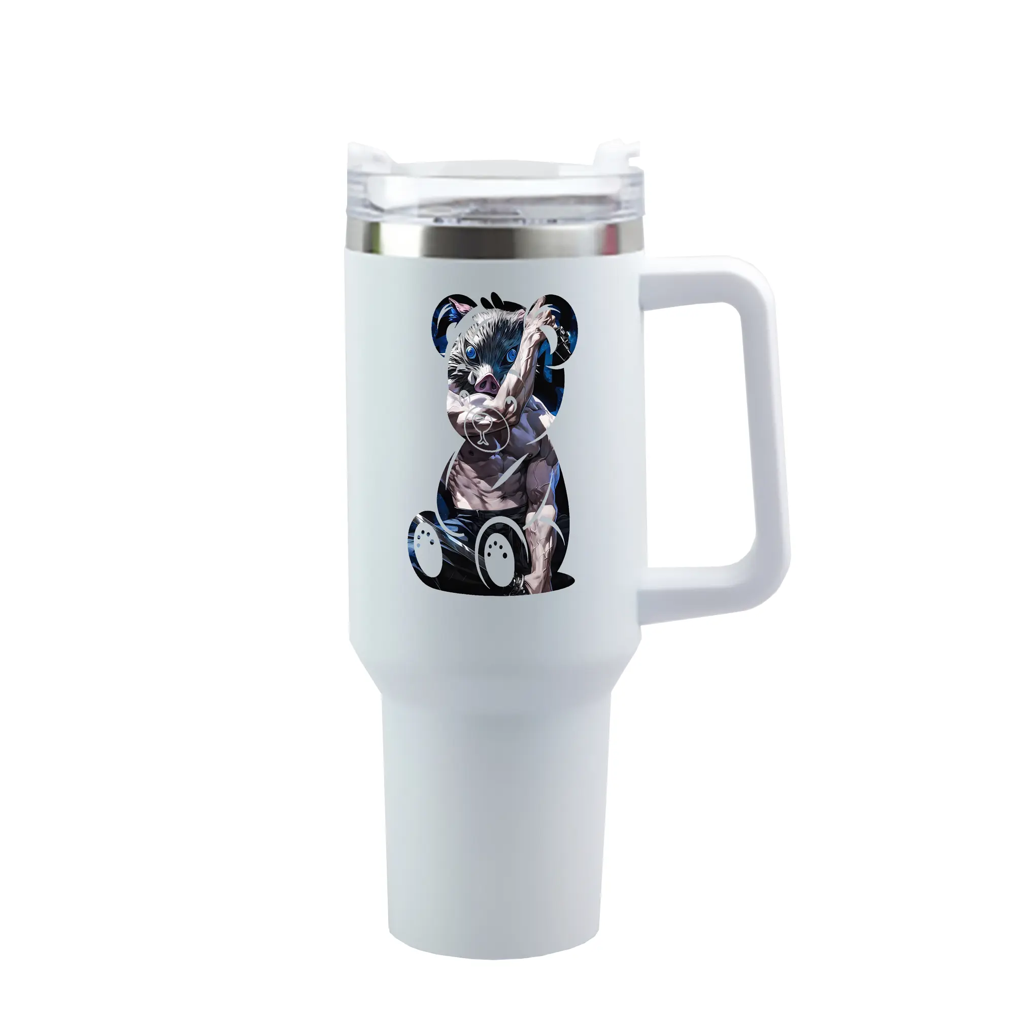 鬼滅の刃 グッズ,嘴平 伊之助 - 1200mL 車用タンブラー ・ クリスタルステッカー ・ 304ステンレス 内側 ・ 201ステンレス 外側 ・ 保温 保冷 ・ ハンドル＆ストロー付き ・ 通勤 ドライブ アウトドア用