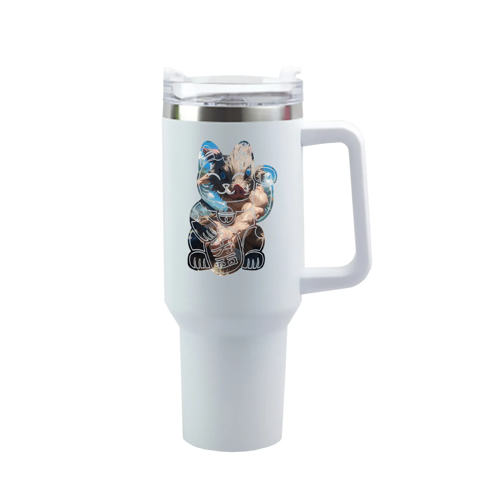 鬼滅の刃 グッズ,嘴平 伊之助 - 1200mL 車用タンブラー ・ クリスタルステッカー ・ 304ステンレス 内側 ・ 201ステンレス 外側 ・ 保温 保冷 ・ ハンドル＆ストロー付き ・ 通勤 ドライブ アウトドア用