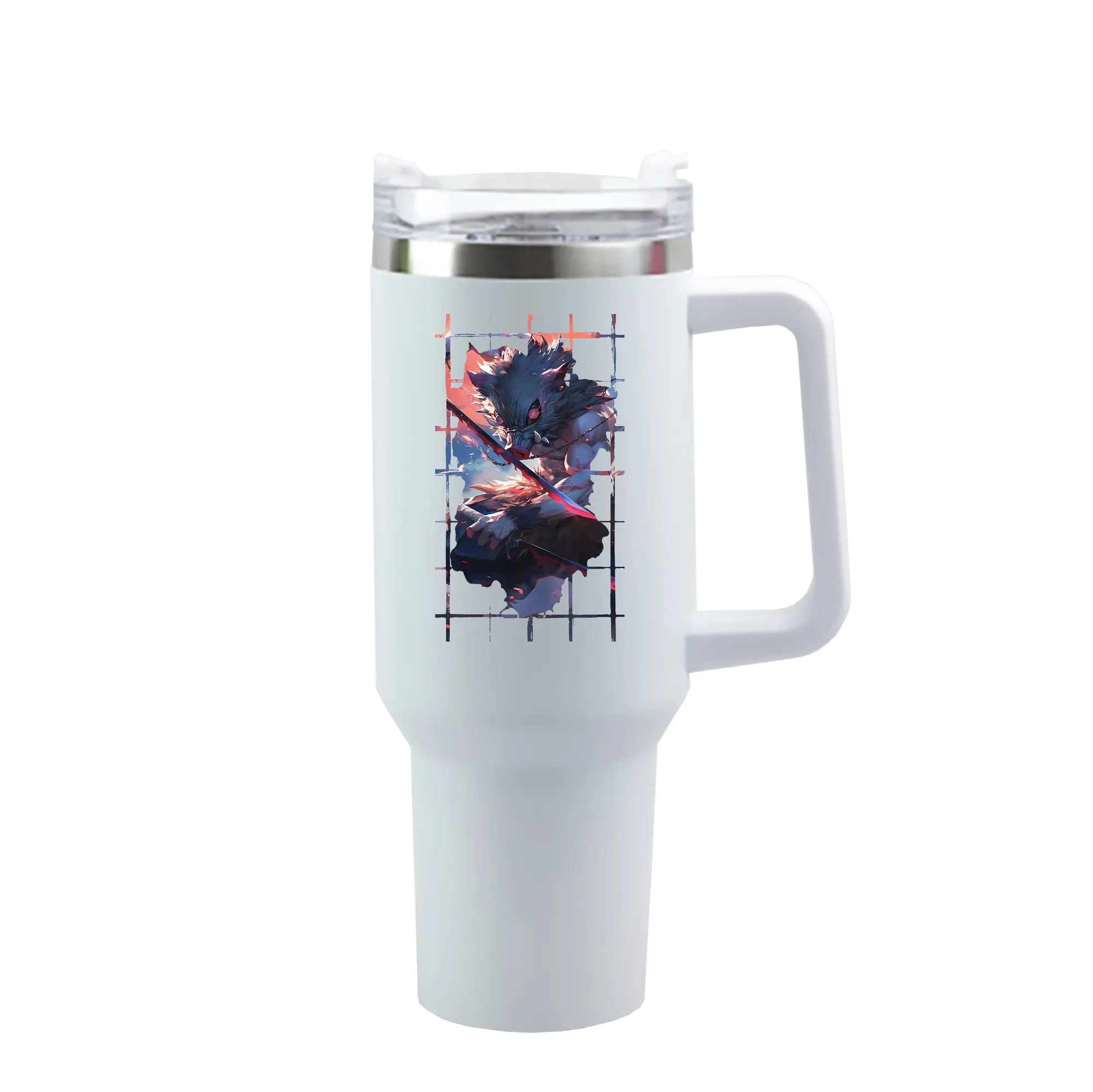 鬼滅の刃 グッズ,嘴平 伊之助 - 1200mL 車用タンブラー ・ クリスタルステッカー ・ 304ステンレス 内側 ・ 201ステンレス 外側 ・ 保温 保冷 ・ ハンドル＆ストロー付き ・ 通勤 ドライブ アウトドア用