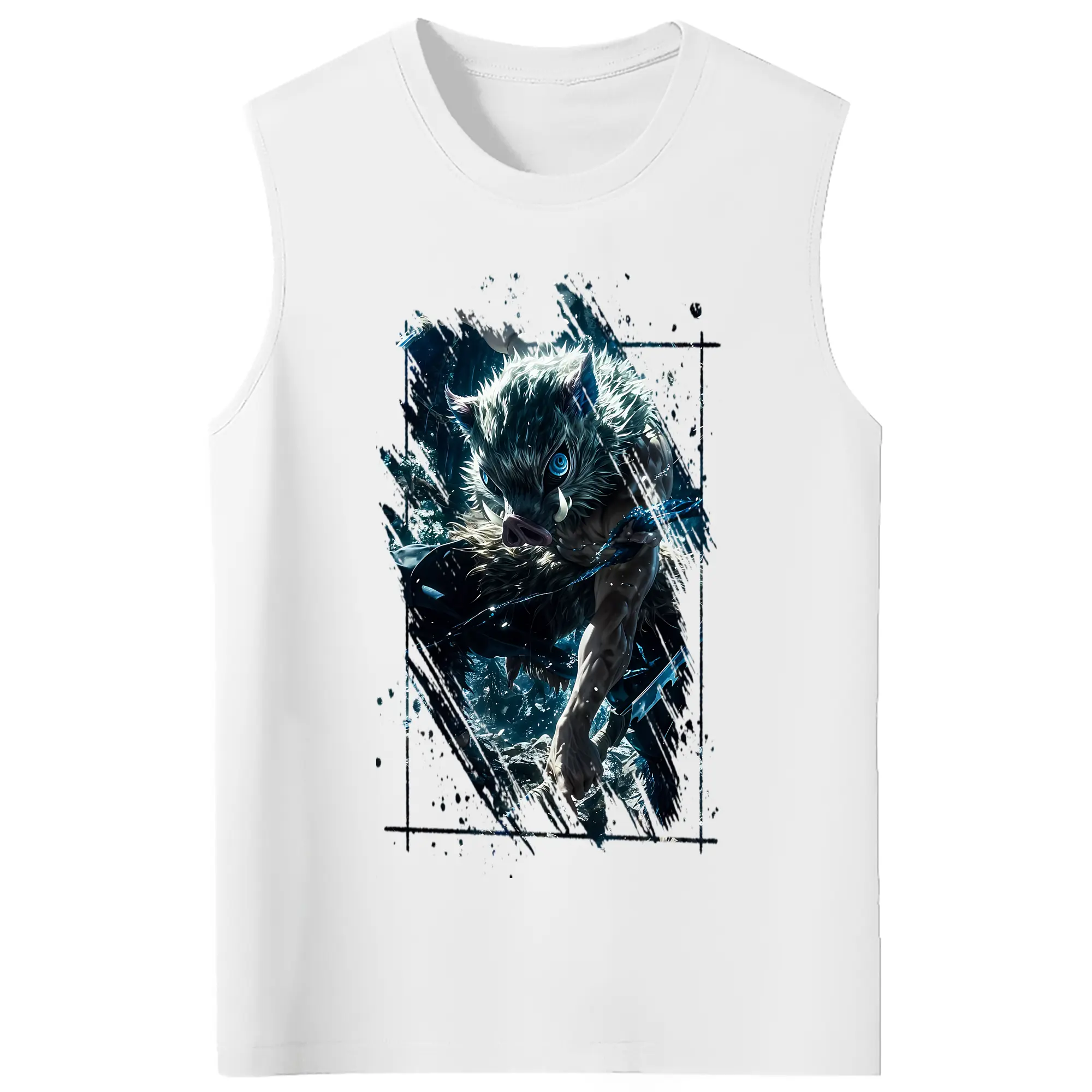 鬼滅の刃 グッズ,嘴平 伊之助 - コットン100％ タンクトップ ・ フロントプリント ・ タイトフィット ・ 快適 通気性 ・ スポーツ カジュアル 散歩用