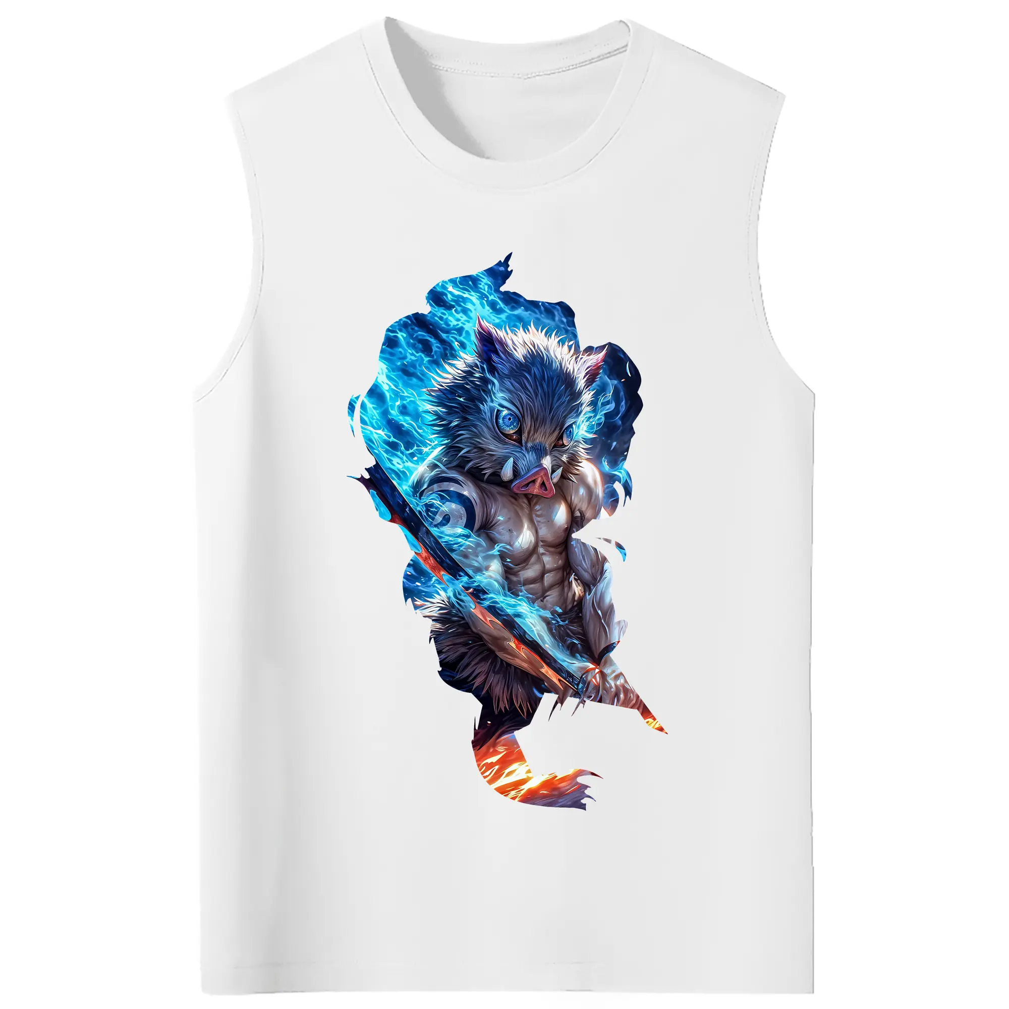 鬼滅の刃 グッズ,嘴平 伊之助 - コットン100％ タンクトップ ・ フロントプリント ・ タイトフィット ・ 快適 通気性 ・ スポーツ カジュアル 散歩用