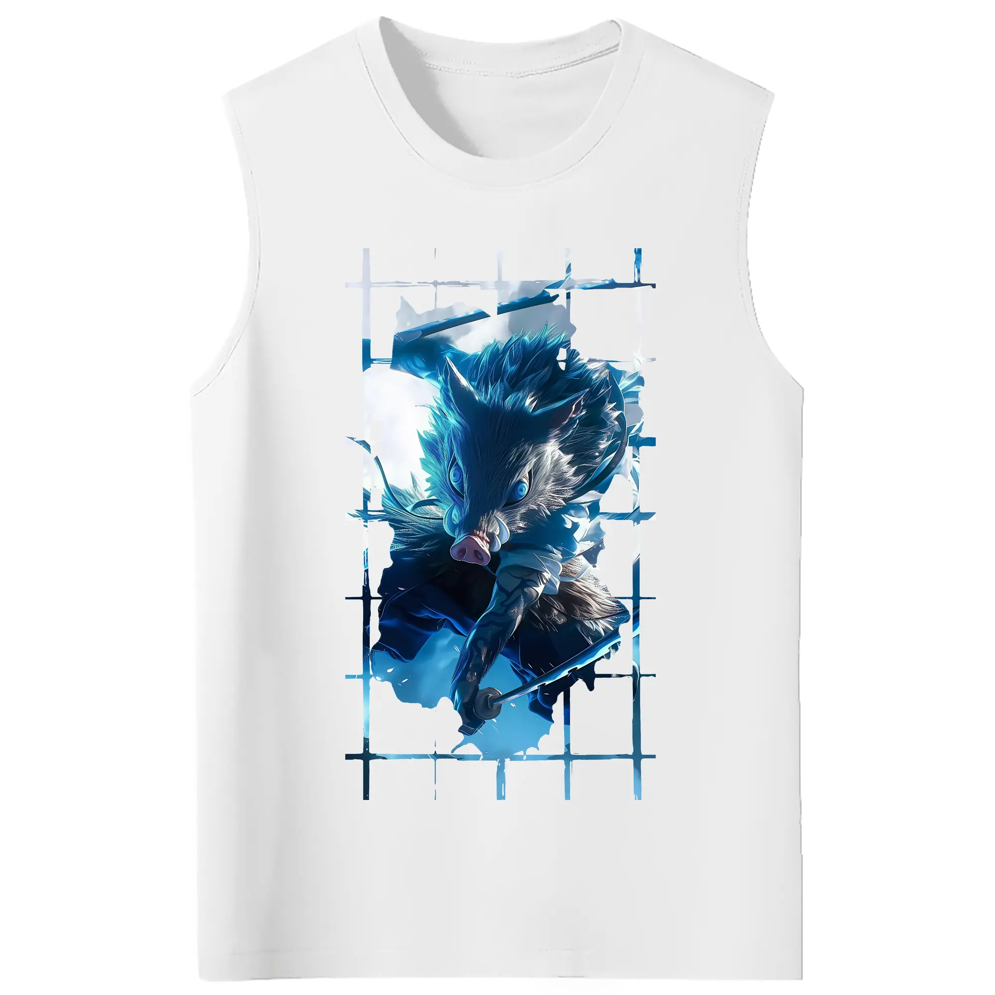 鬼滅の刃 グッズ,嘴平 伊之助 - コットン100％ タンクトップ ・ フロントプリント ・ タイトフィット ・ 快適 通気性 ・ スポーツ カジュアル 散歩用