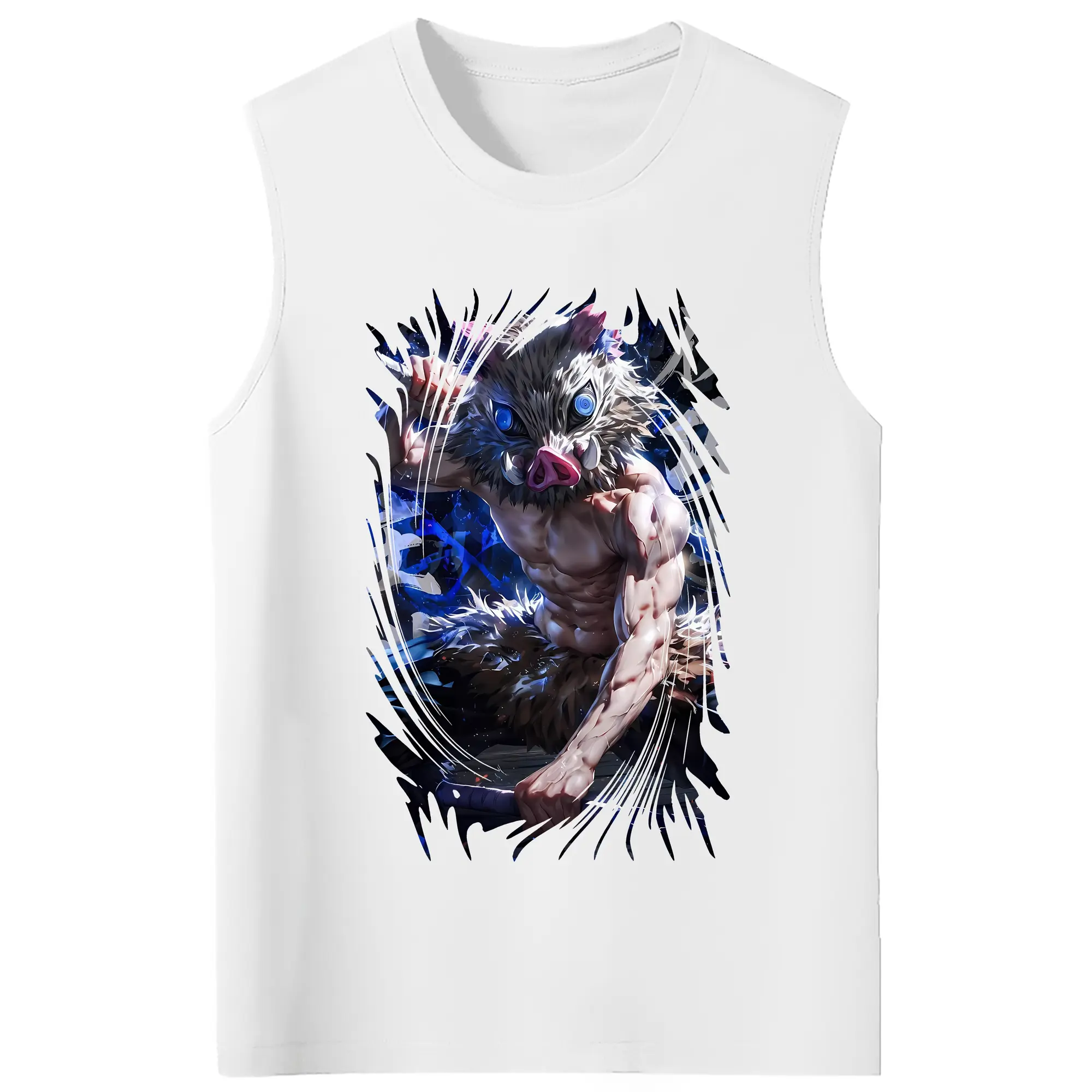 鬼滅の刃 グッズ,嘴平 伊之助 - コットン100％ タンクトップ ・ フロントプリント ・ タイトフィット ・ 快適 通気性 ・ スポーツ カジュアル 散歩用