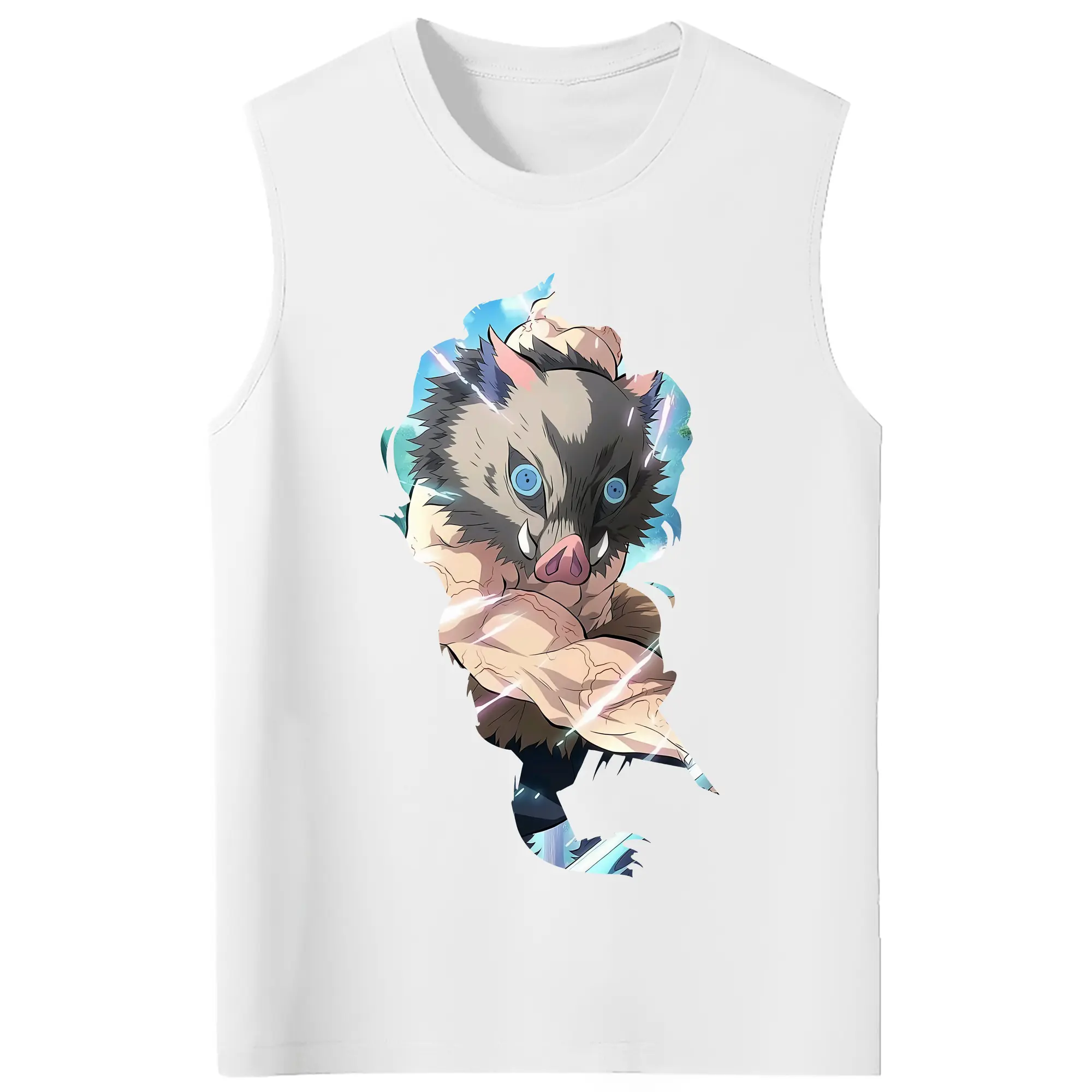 鬼滅の刃 グッズ,嘴平 伊之助 - コットン100％ タンクトップ ・ フロントプリント ・ タイトフィット ・ 快適 通気性 ・ スポーツ カジュアル 散歩用