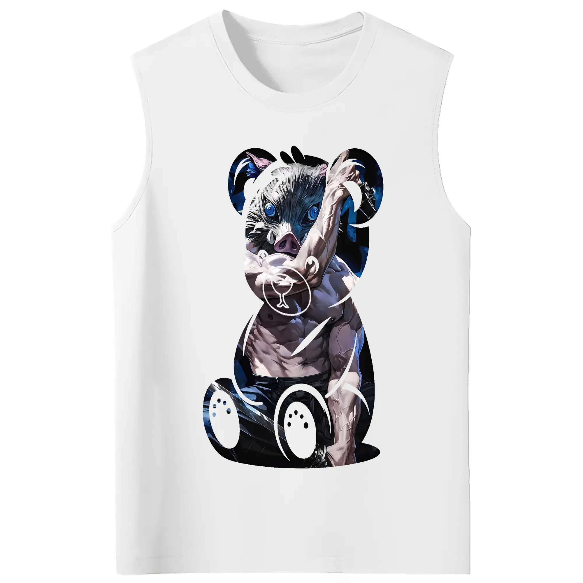 鬼滅の刃 グッズ,嘴平 伊之助 - コットン100％ タンクトップ ・ フロントプリント ・ タイトフィット ・ 快適 通気性 ・ スポーツ カジュアル 散歩用