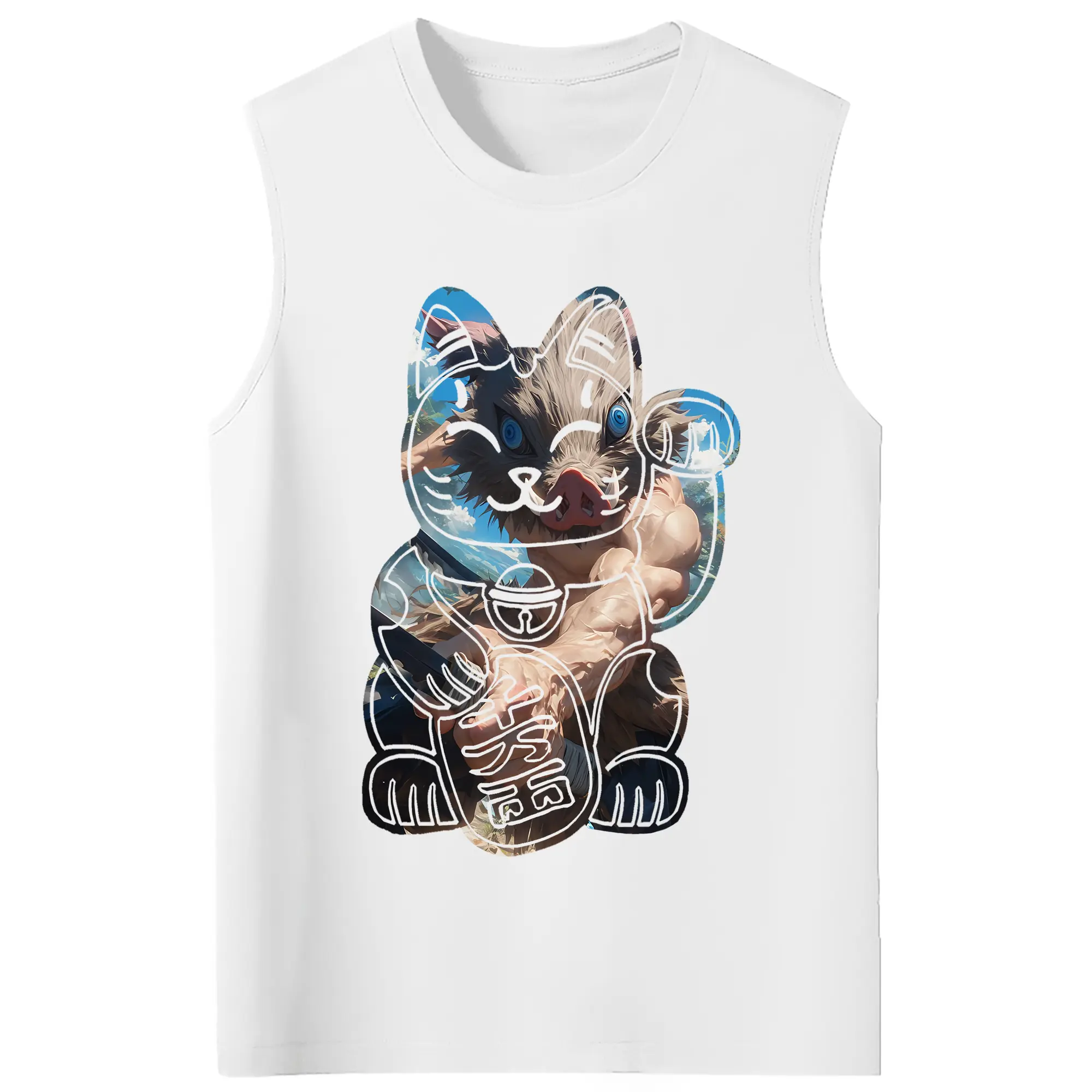 鬼滅の刃 グッズ,嘴平 伊之助 - コットン100％ タンクトップ ・ フロントプリント ・ タイトフィット ・ 快適 通気性 ・ スポーツ カジュアル 散歩用