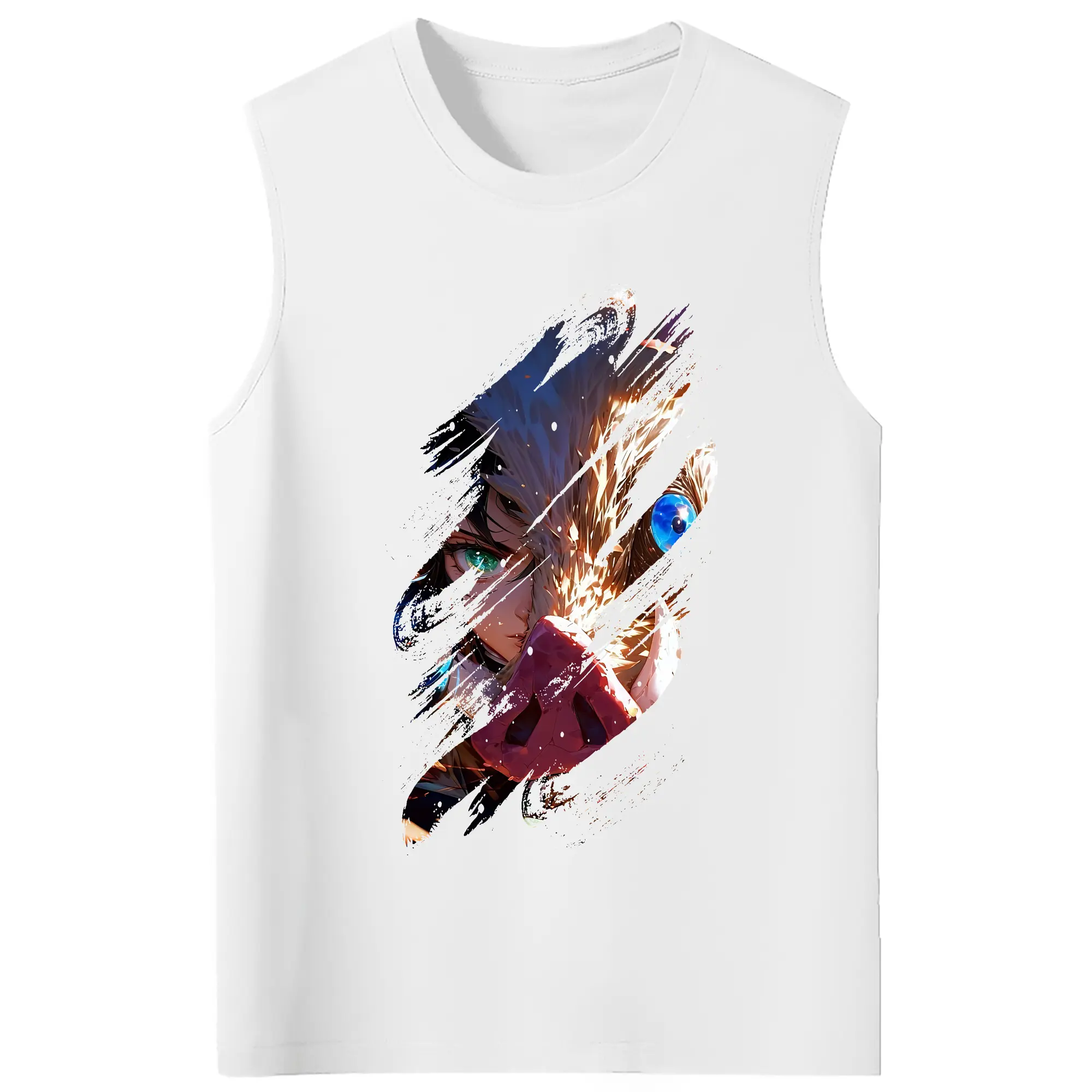 鬼滅の刃 グッズ,嘴平 伊之助 - コットン100％ タンクトップ ・ フロントプリント ・ タイトフィット ・ 快適 通気性 ・ スポーツ カジュアル 散歩用