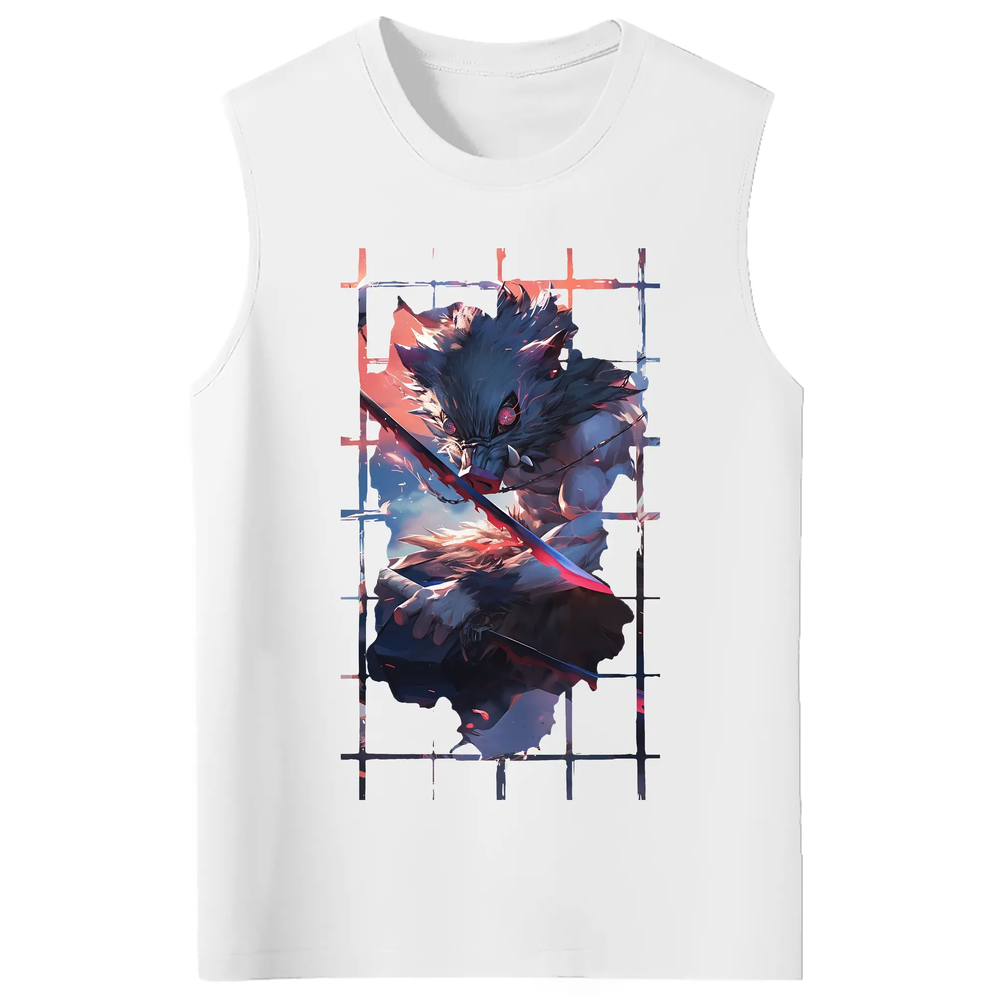 鬼滅の刃 グッズ,嘴平 伊之助 - コットン100％ タンクトップ ・ フロントプリント ・ タイトフィット ・ 快適 通気性 ・ スポーツ カジュアル 散歩用