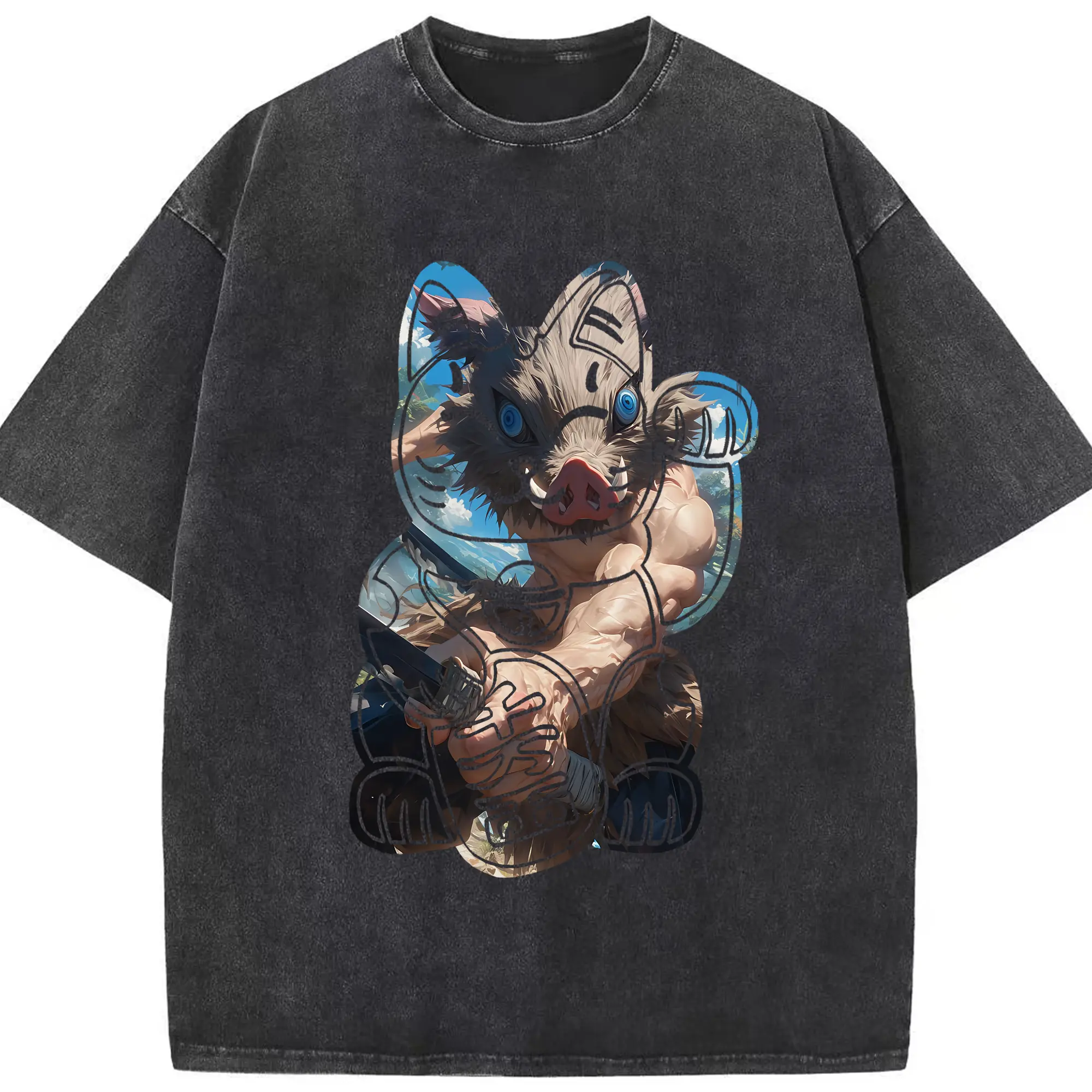 鬼滅の刃 グッズ,嘴平 伊之助 - 綿100％ ヴィンテージ風 半袖Tシャツ ・ フロントプリント ・ 柔らか肌触り ・ 通気性 快適 ・ スポーツ カジュアル 外出用