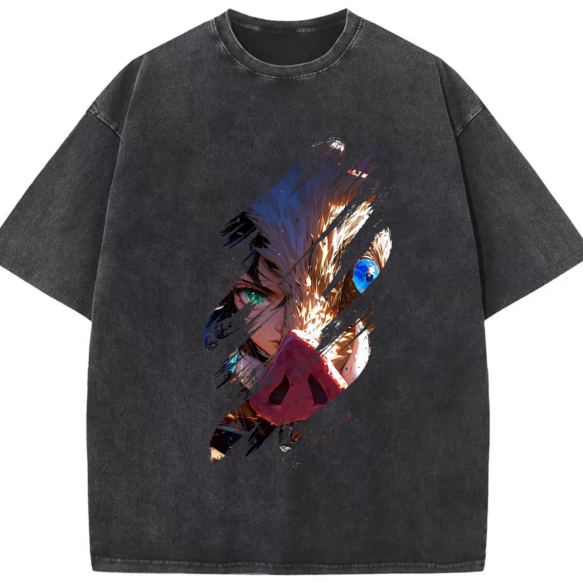 鬼滅の刃 グッズ,嘴平 伊之助 - 綿100％ ヴィンテージ風 半袖Tシャツ ・ フロントプリント ・ 柔らか肌触り ・ 通気性 快適 ・ スポーツ カジュアル 外出用