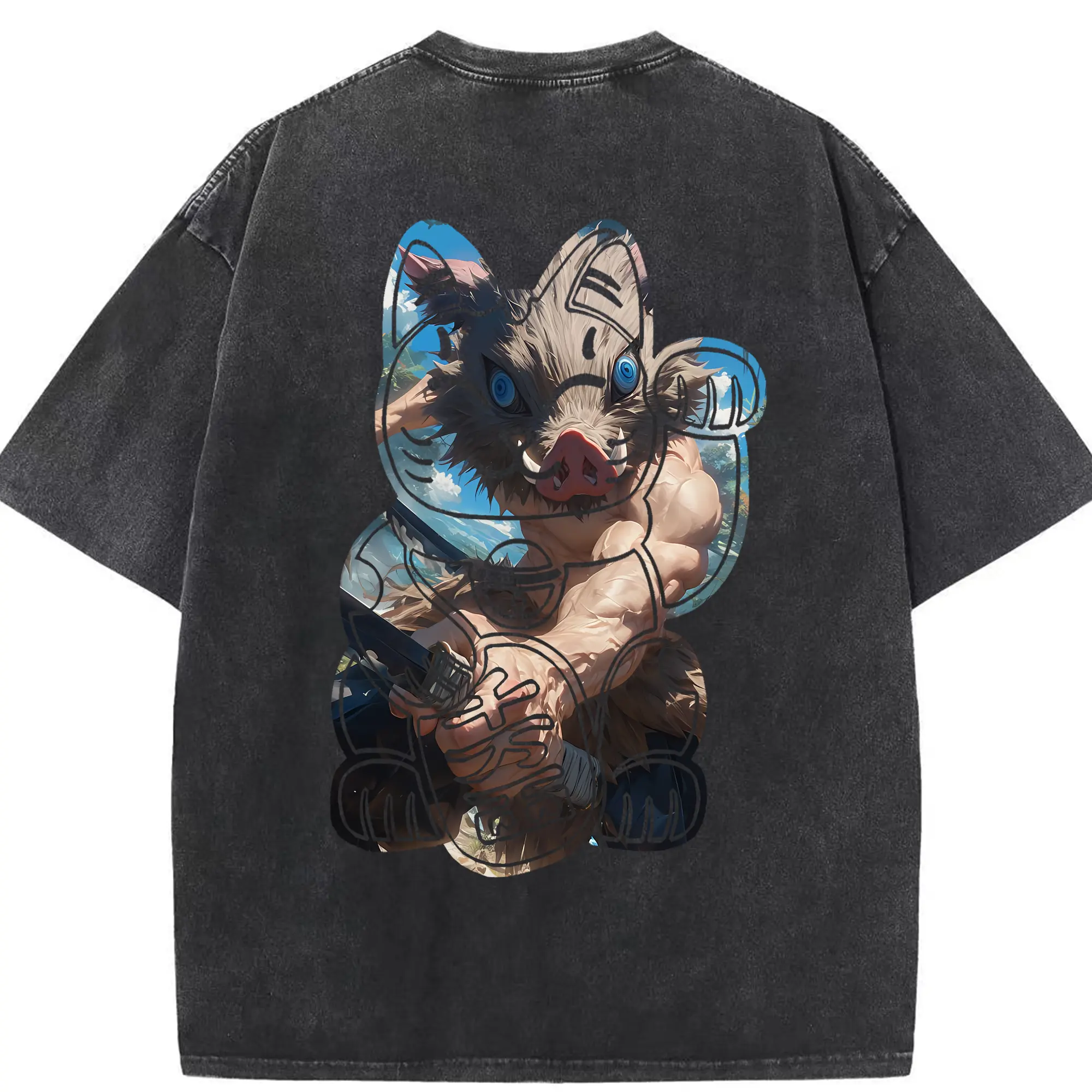 鬼滅の刃 グッズ,嘴平 伊之助 - 綿100％ ヴィンテージ風 半袖Tシャツ ・ 背面プリント ・ 柔らか肌触り ・ 通気性 快適 ・ スポーツ カジュアル 外出用