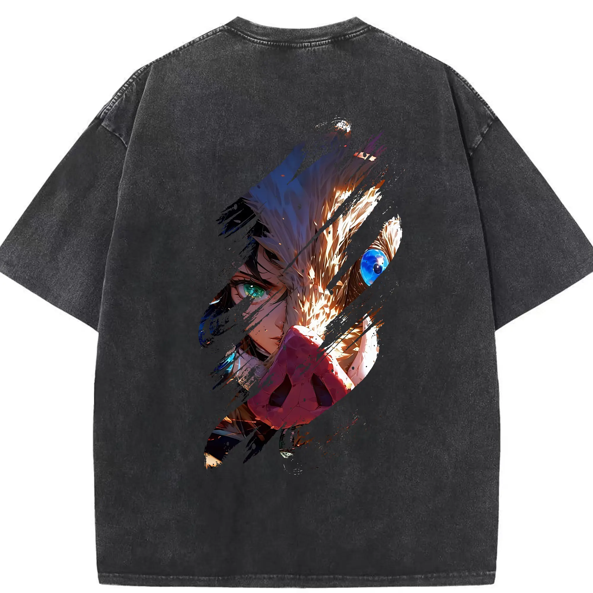 鬼滅の刃 グッズ,嘴平 伊之助 - 綿100％ ヴィンテージ風 半袖Tシャツ ・ 背面プリント ・ 柔らか肌触り ・ 通気性 快適 ・ スポーツ カジュアル 外出用