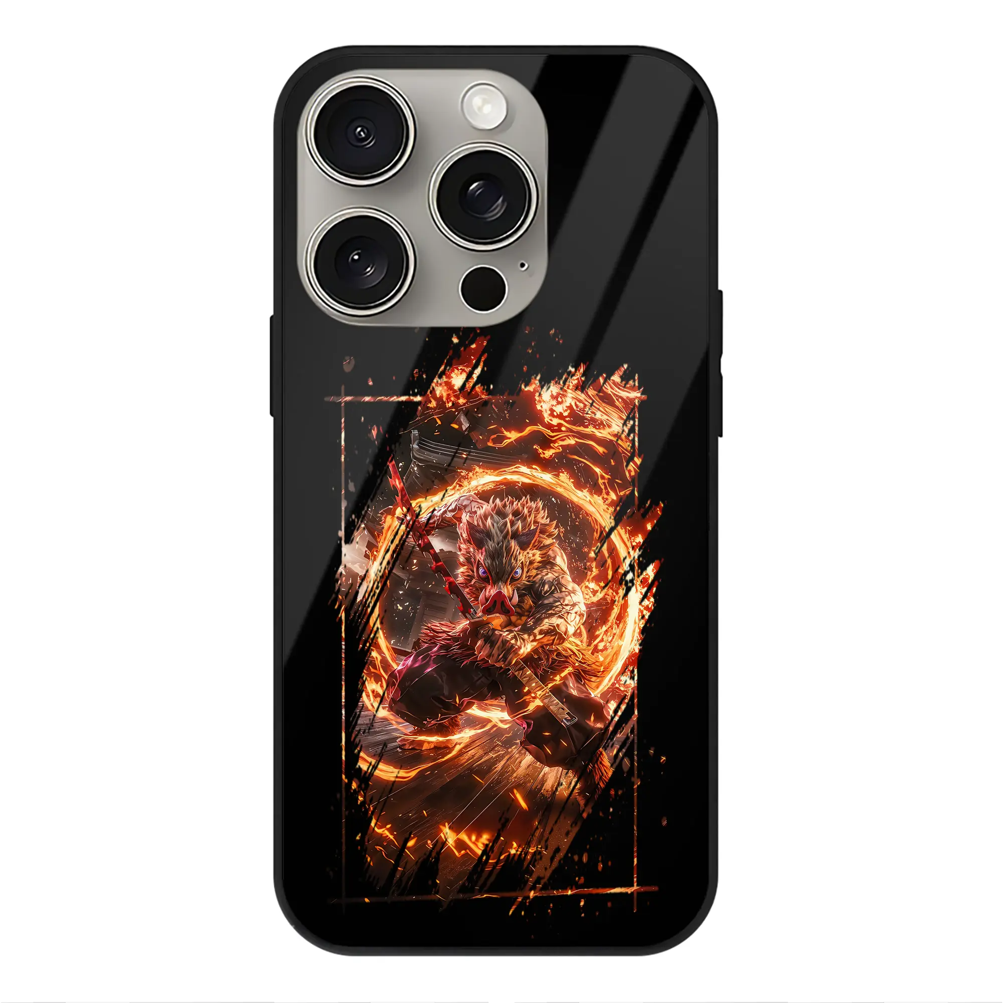 鬼滅の刃 グッズ,嘴平 伊之助 - IPhone15Pro対応 ・ スマホケース ・ 背面ガラス ・ TPU+強化ガラス ・ 耐衝撃 ・ 黄変防止 ・ ワイヤレス充電対応 ・ 3D立体ボタン