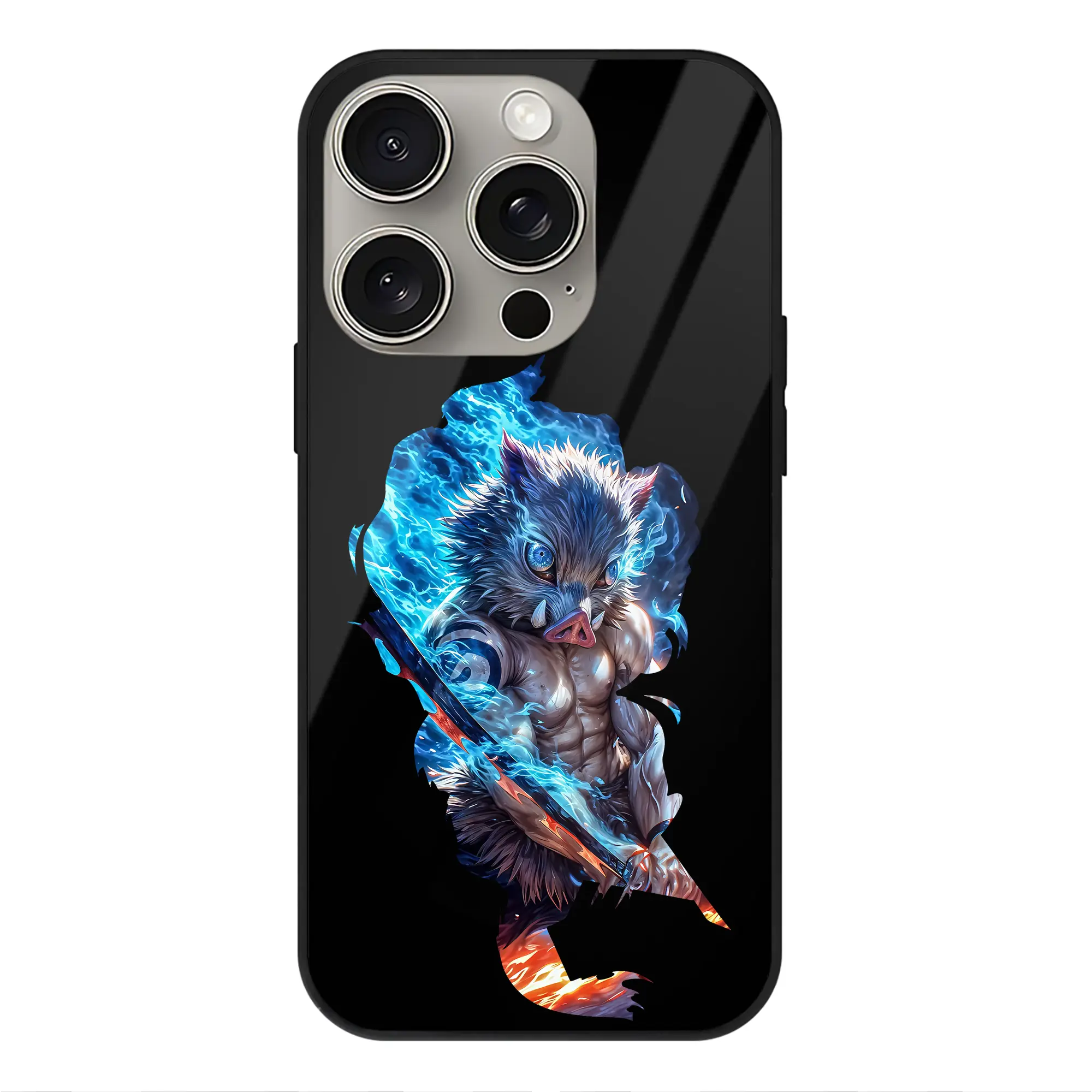 鬼滅の刃 グッズ,嘴平 伊之助 - IPhone15Pro対応 ・ スマホケース ・ 背面ガラス ・ TPU+強化ガラス ・ 耐衝撃 ・ 黄変防止 ・ ワイヤレス充電対応 ・ 3D立体ボタン